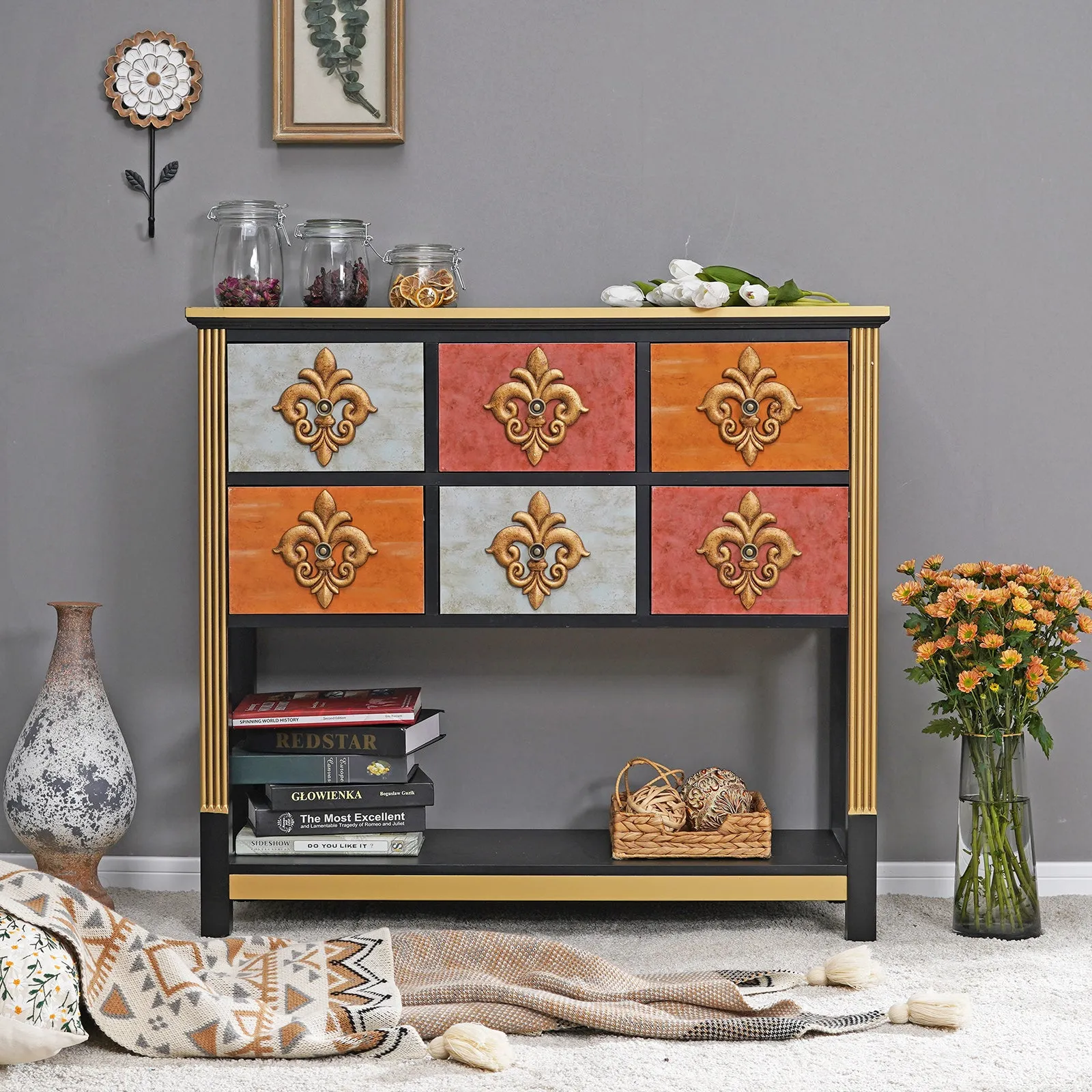 6-Drawer Royal Flower Console Table with Bottom Shelf -MFSTUDIO
