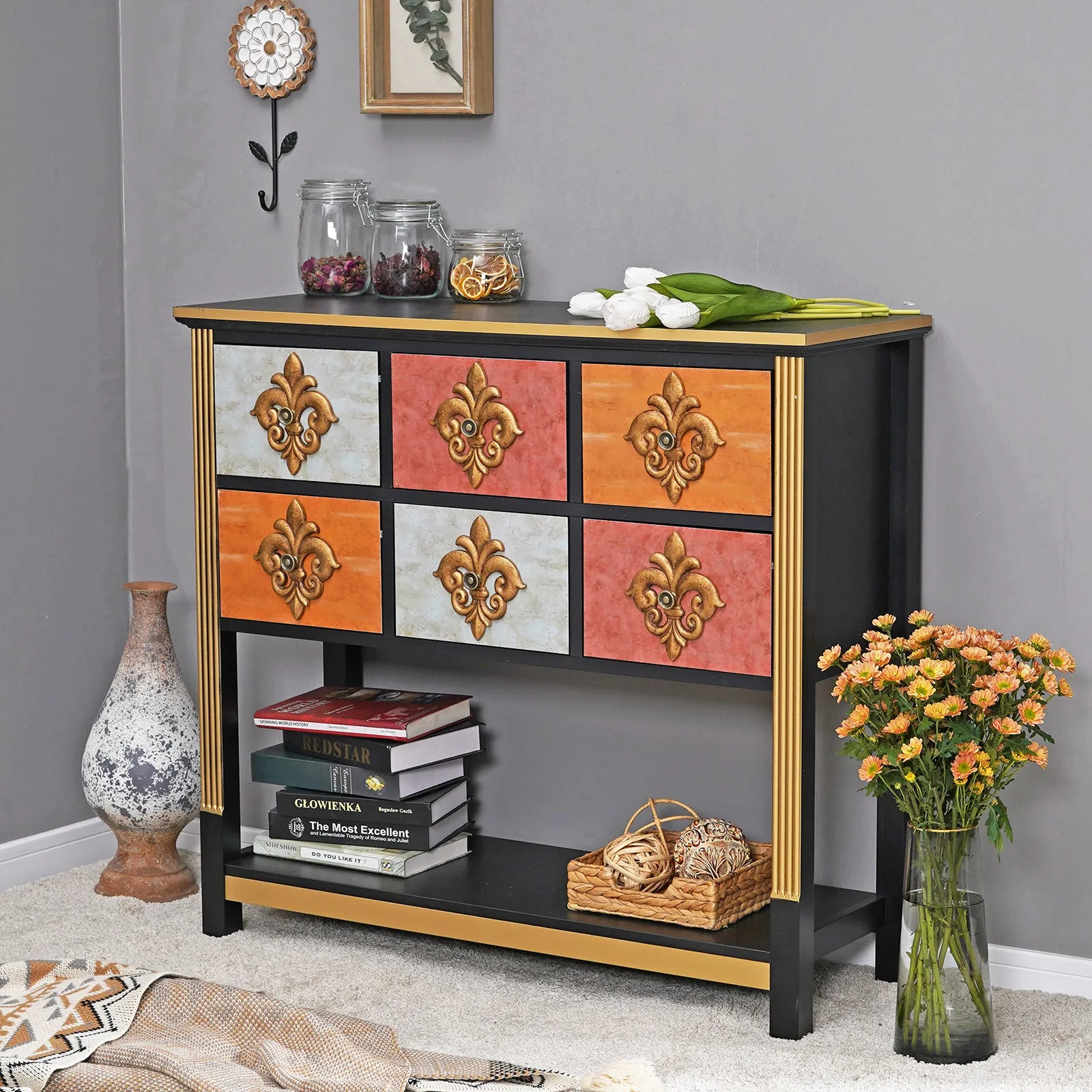 6-Drawer Royal Flower Console Table with Bottom Shelf -MFSTUDIO