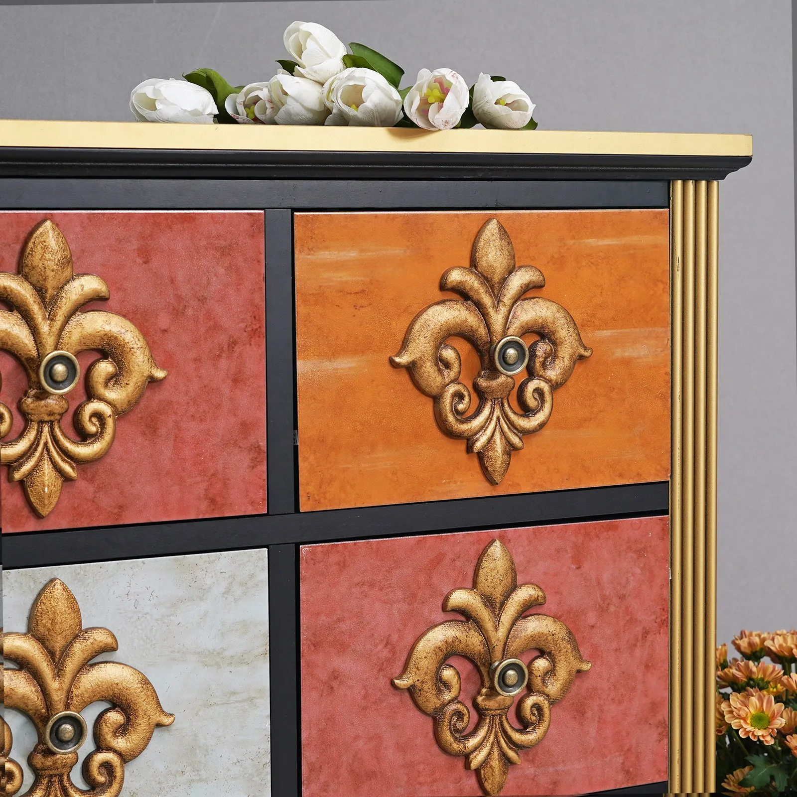 6-Drawer Royal Flower Console Table with Bottom Shelf -MFSTUDIO
