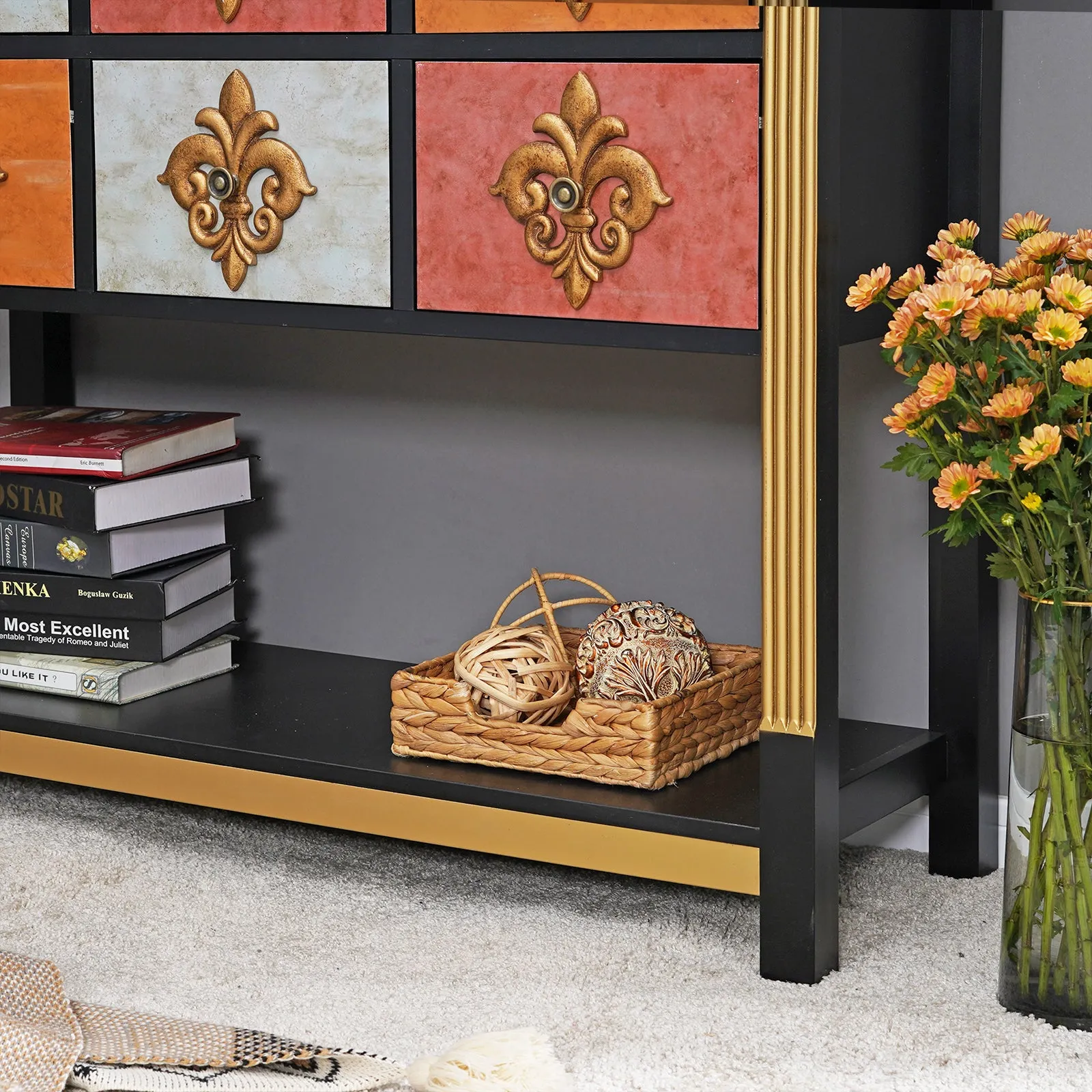 6-Drawer Royal Flower Console Table with Bottom Shelf -MFSTUDIO