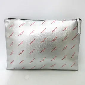 Balenciaga Leather Logo Large Clutch Silver