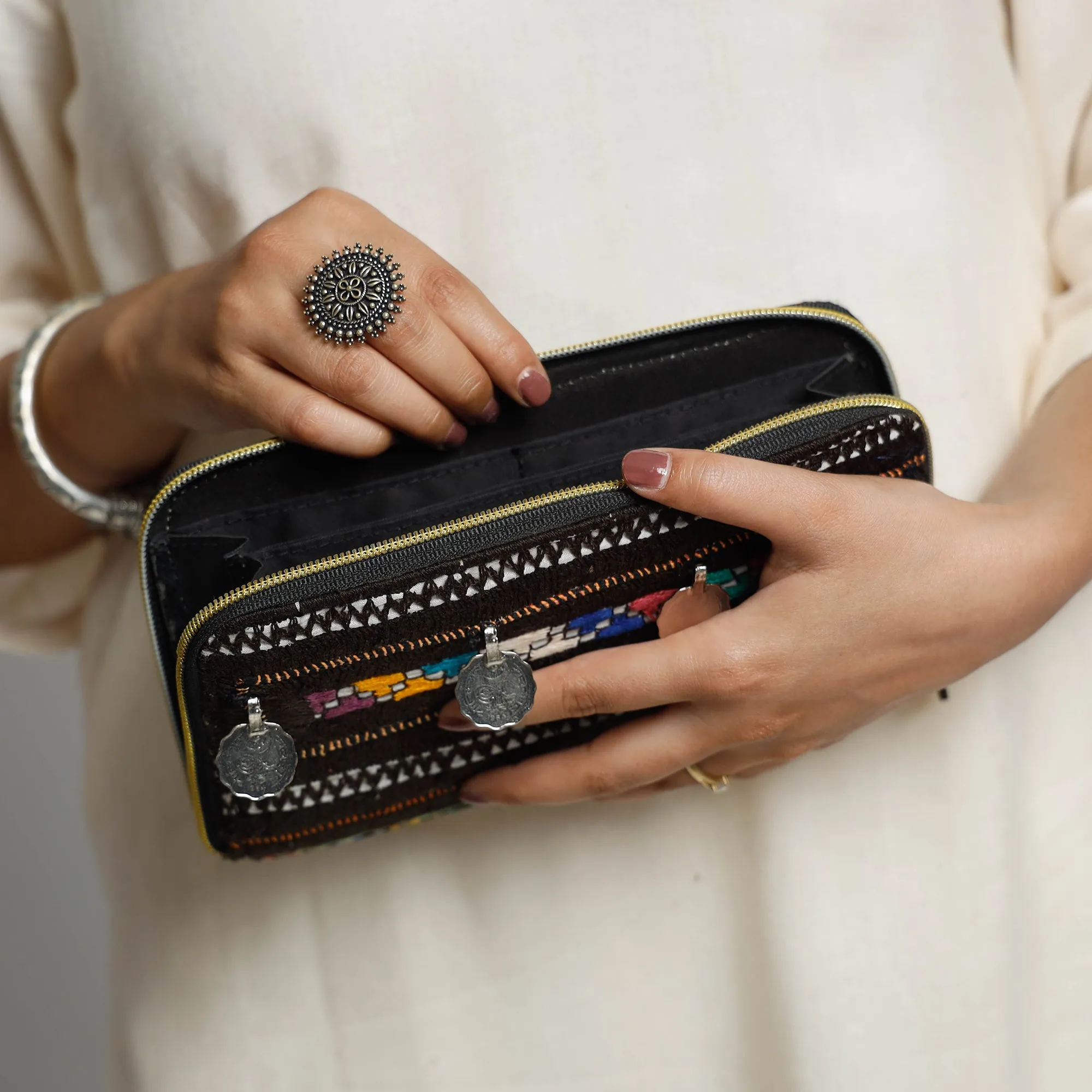 Black - Banjara Vintage Embroidery Coin Work Wallet