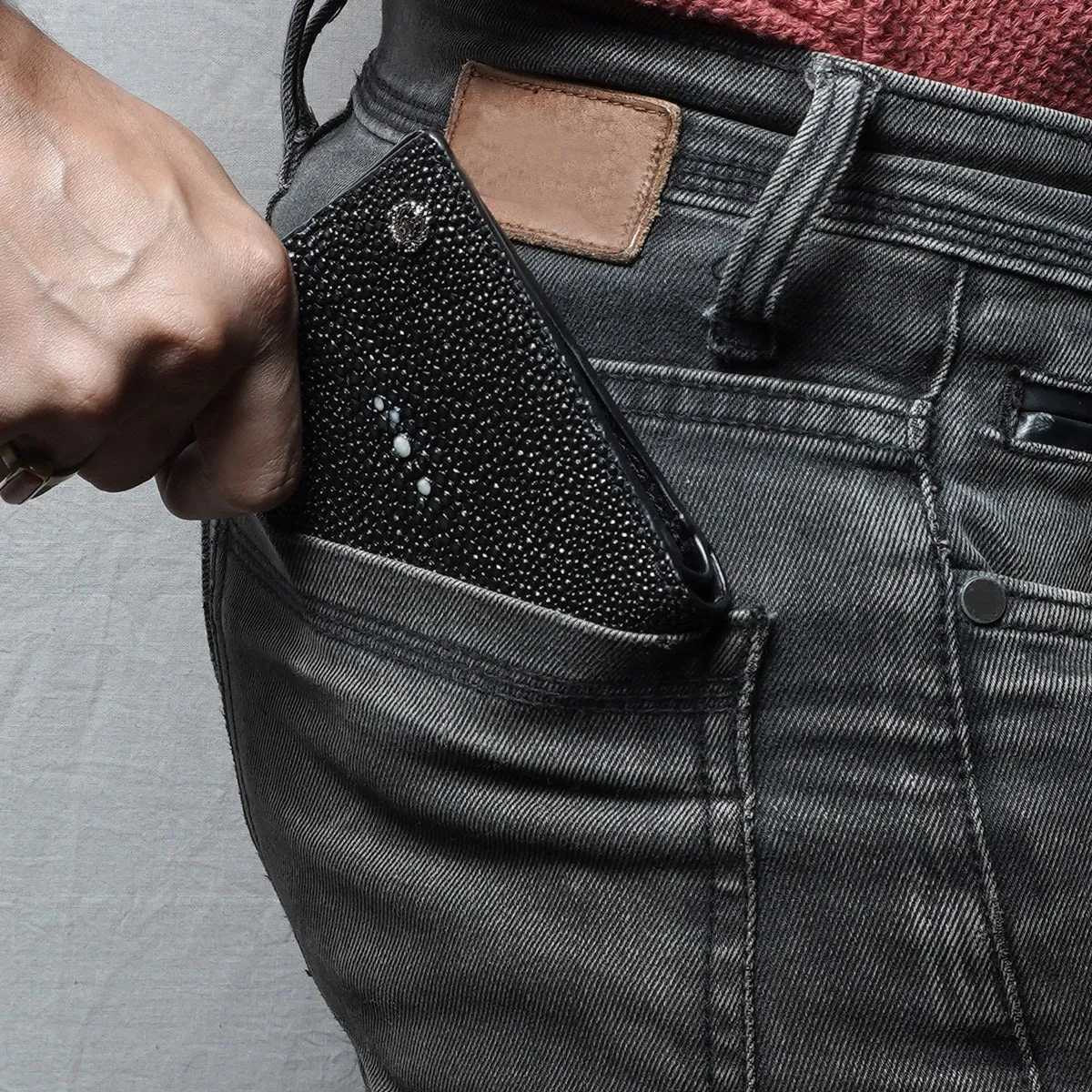 Black Caviar Finish Stingray Leather Bi-Fold Wallet