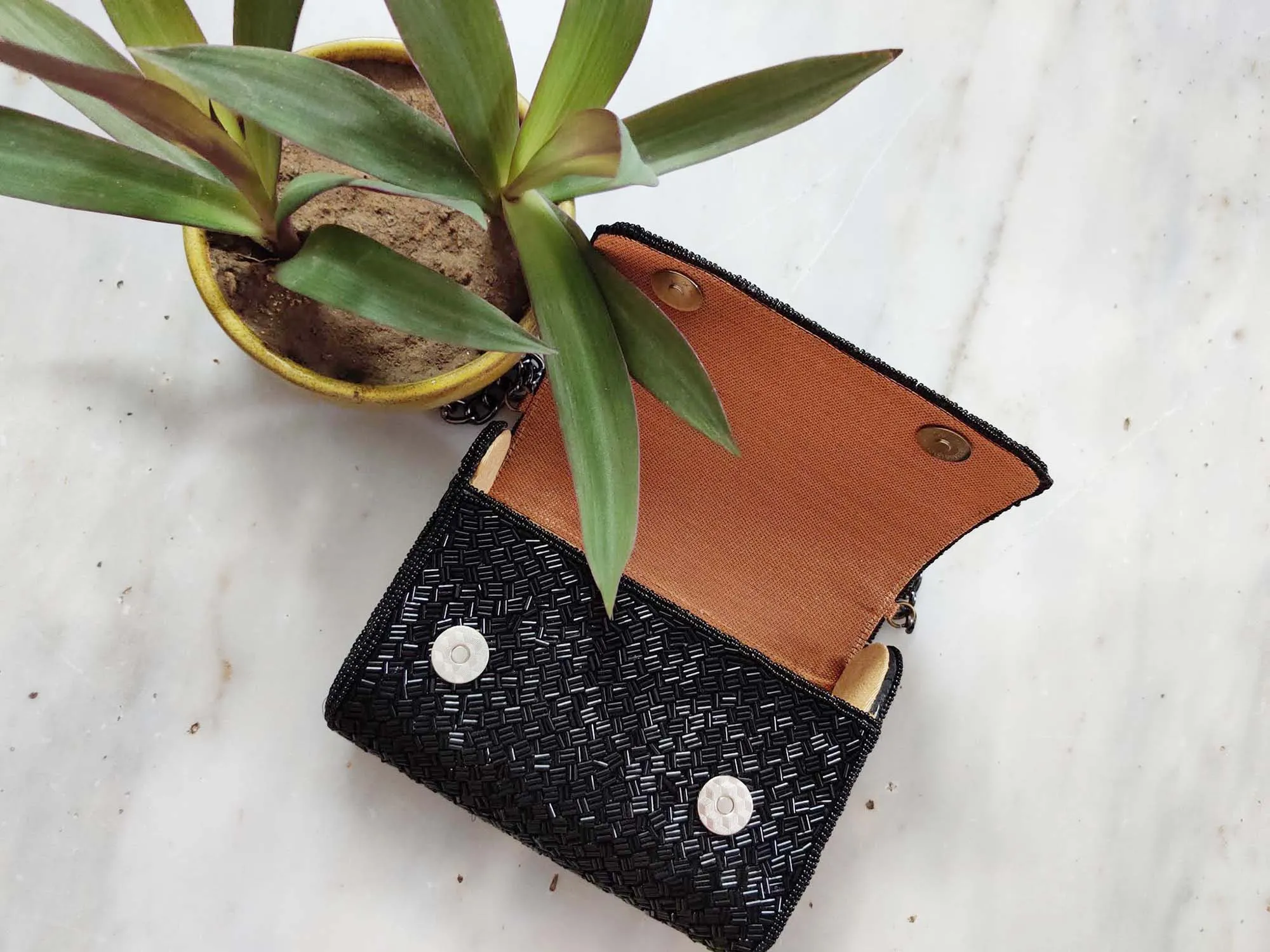 Black Weave Flap Over Hand Embroidered Clutch