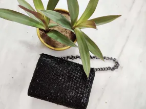 Black Weave Flap Over Hand Embroidered Clutch