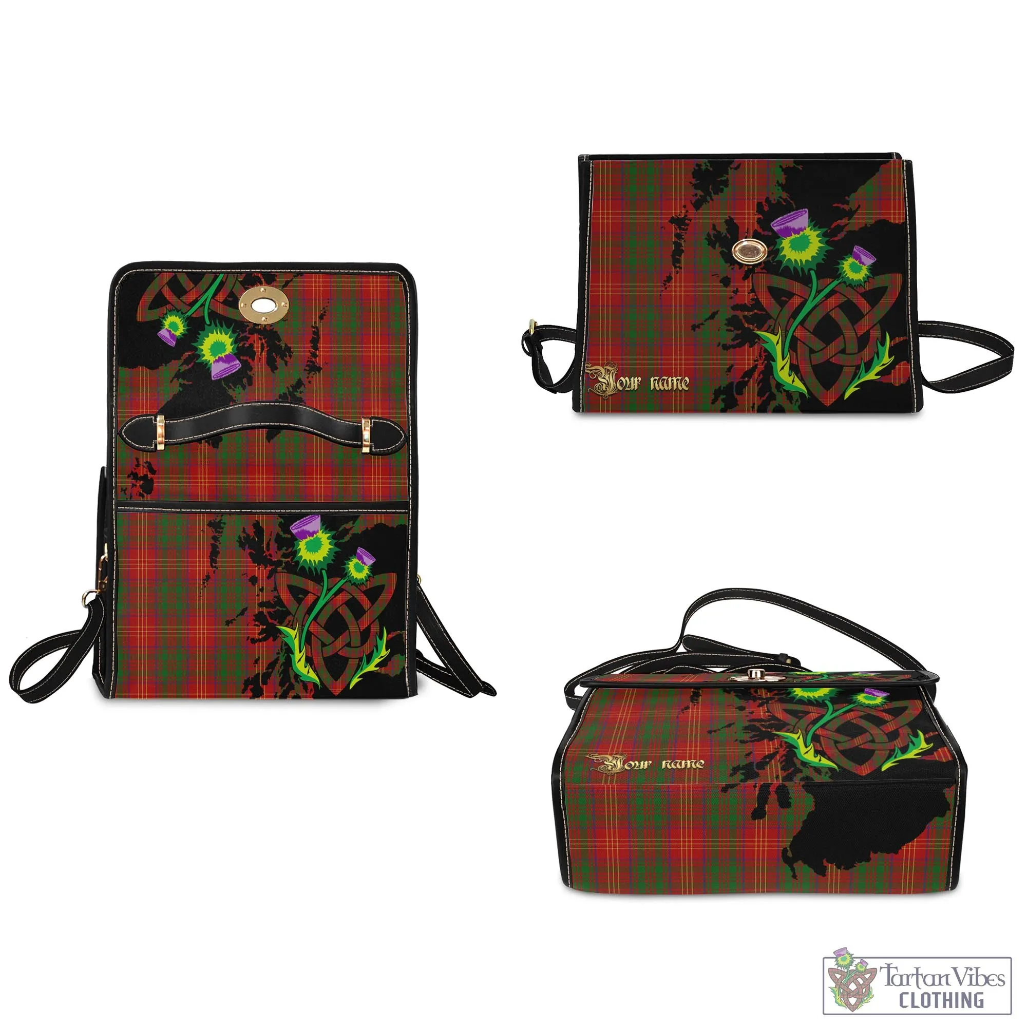Burns Tartan Waterproof Canvas Bag with Scotland Map and Thistle Celtic Accents