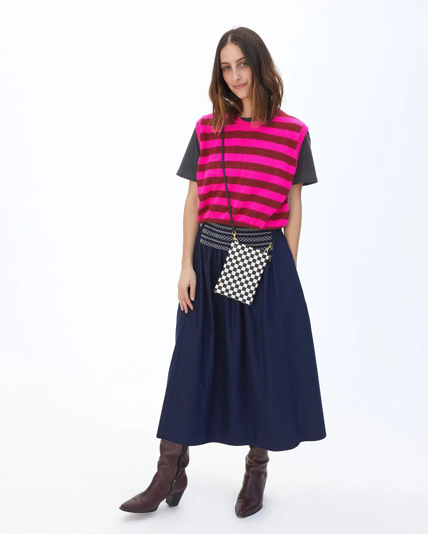 Clare V. - Poche in Cream Goat with Black Checkers