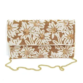 Clutch White Flowers Bronze Beaded