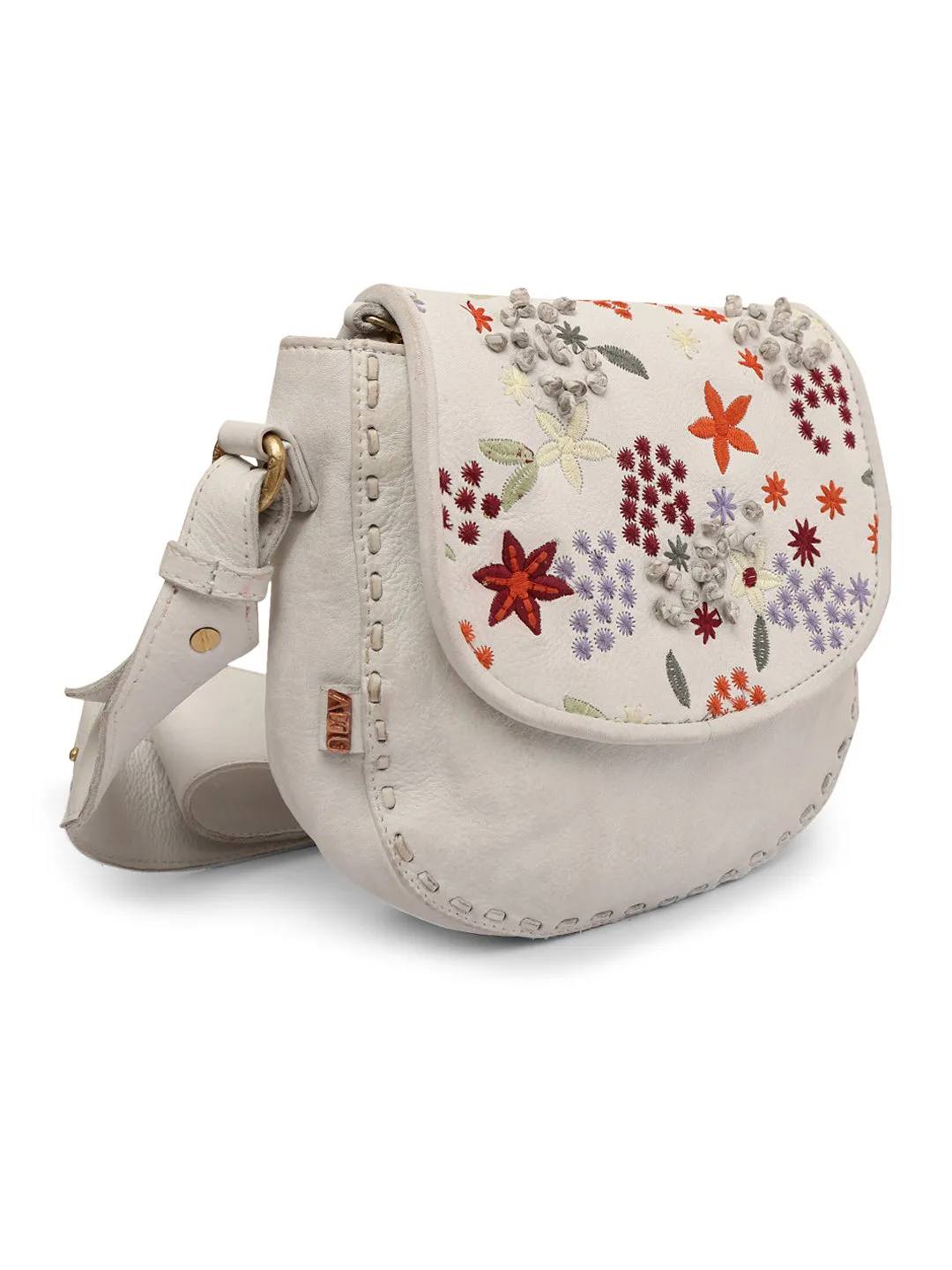 Floral Bliss: White Leather Crossbody bag with Colorful Flower Embroidery