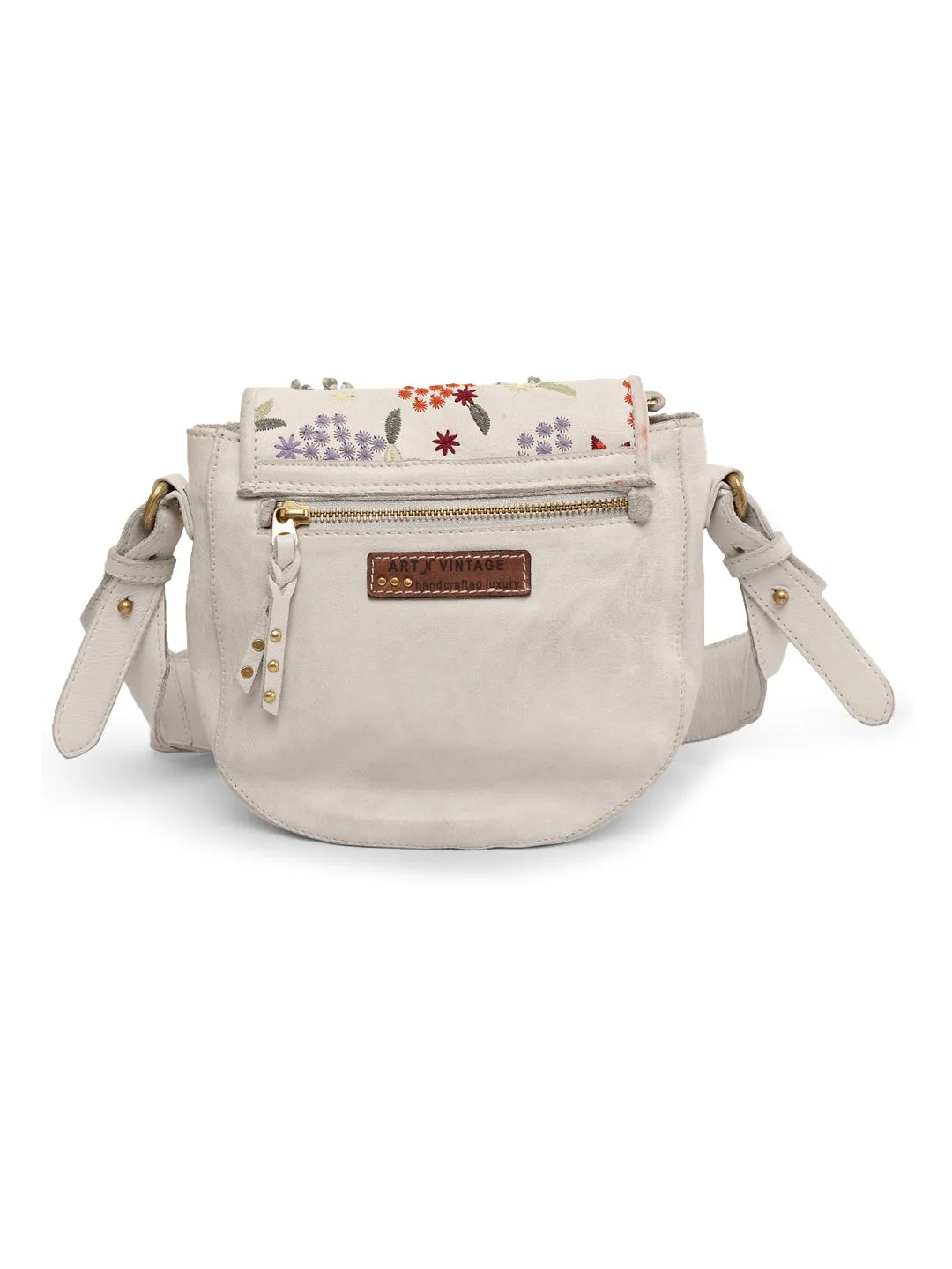 Floral Bliss: White Leather Crossbody bag with Colorful Flower Embroidery