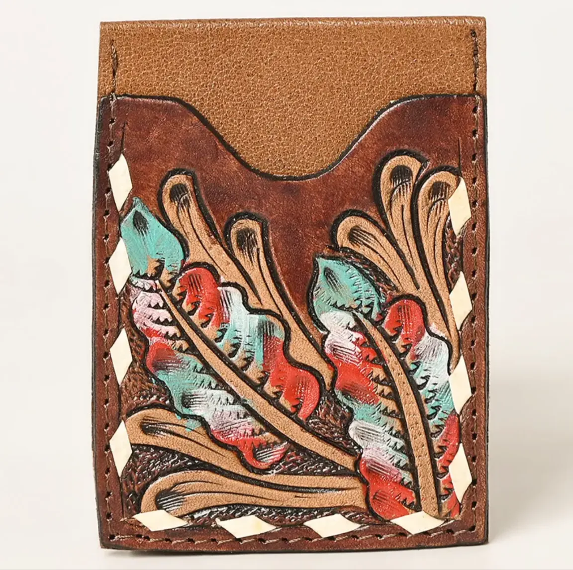 Genuine Leather Hand Tooled Feather Design Card Holder