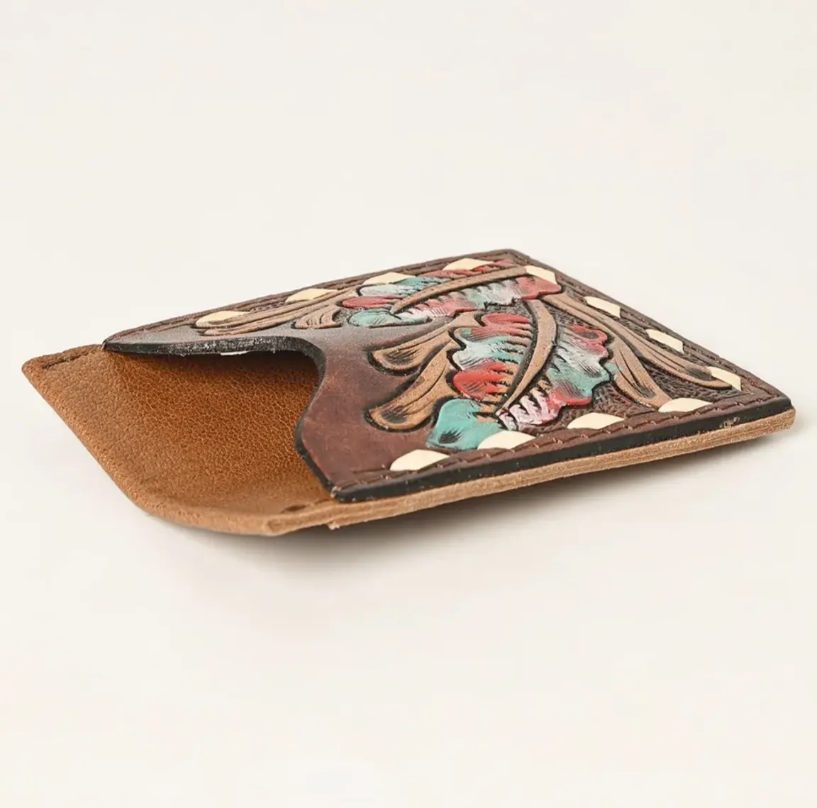 Genuine Leather Hand Tooled Feather Design Card Holder