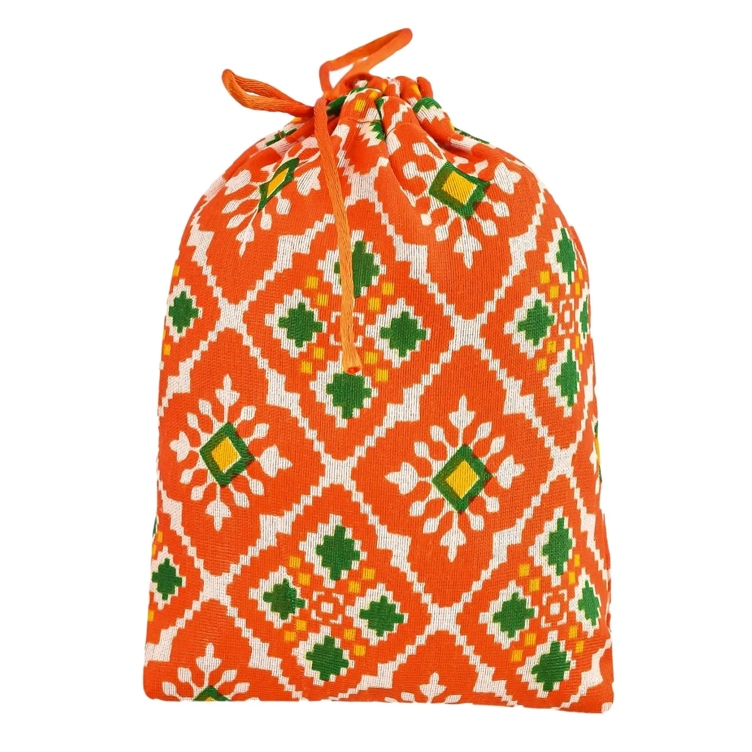 Heart Home Potli | Silk Wedding Potli | Drawstring Closure Potli | Wallet Potli | Christmas Gift Potli | Baby Shower Potli | Small-Patola-Print Potli | 5x7 Inch | Pack of 4 | Orange