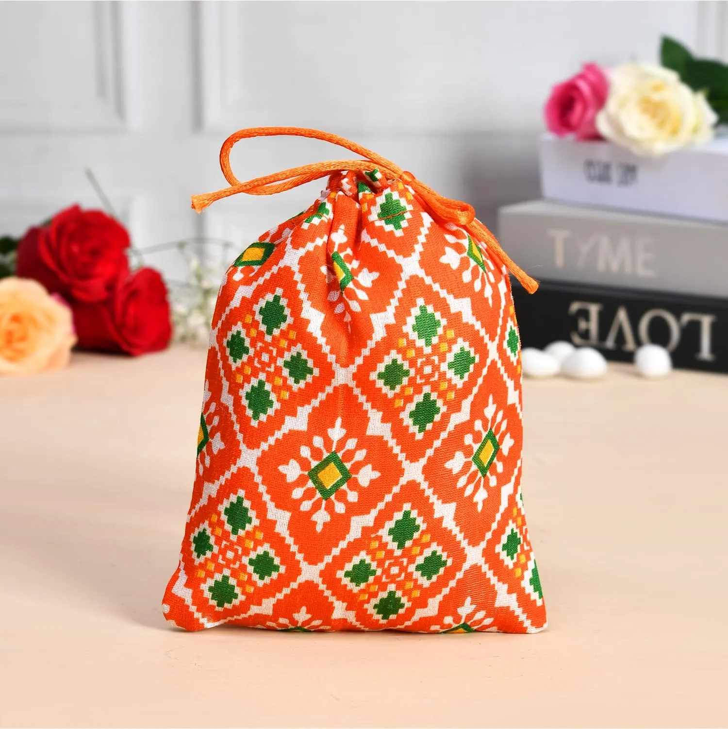 Heart Home Potli | Silk Wedding Potli | Drawstring Closure Potli | Wallet Potli | Christmas Gift Potli | Baby Shower Potli | Small-Patola-Print Potli | 5x7 Inch | Pack of 4 | Orange