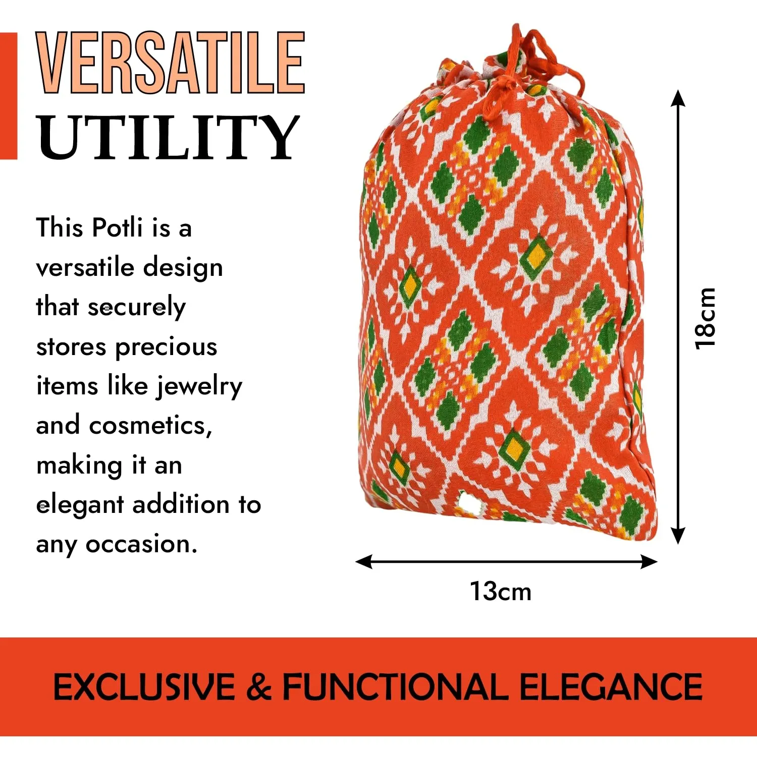 Heart Home Potli | Silk Wedding Potli | Drawstring Closure Potli | Wallet Potli | Christmas Gift Potli | Baby Shower Potli | Small-Patola-Print Potli | 5x7 Inch | Pack of 4 | Orange