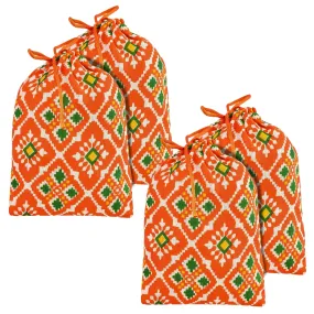 Heart Home Potli | Silk Wedding Potli | Drawstring Closure Potli | Wallet Potli | Christmas Gift Potli | Baby Shower Potli | Small-Patola-Print Potli | 5x7 Inch | Pack of 4 | Orange
