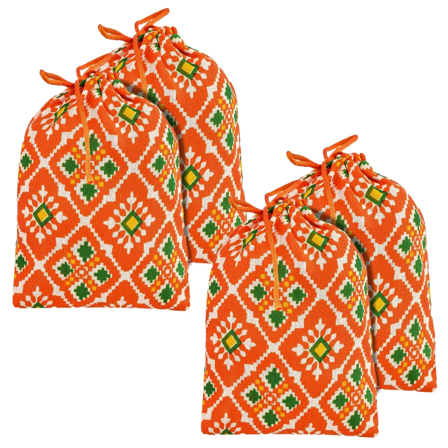 Heart Home Potli | Silk Wedding Potli | Drawstring Closure Potli | Wallet Potli | Christmas Gift Potli | Baby Shower Potli | Small-Patola-Print Potli | 5x7 Inch | Pack of 4 | Orange