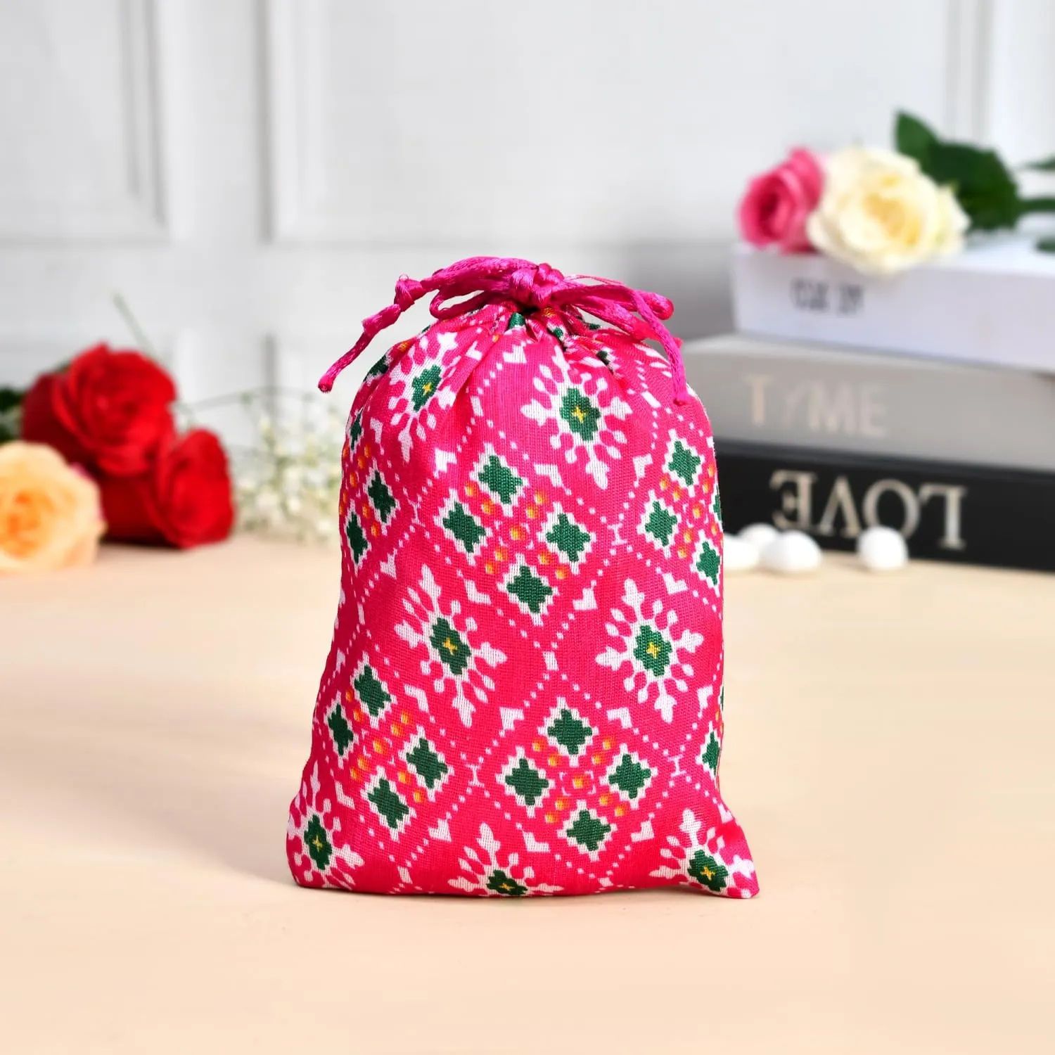 Heart Home Potli | Silk Wedding Potli | Drawstring Closure Potli | Wallet Potli | Christmas Gift Potli | Baby Shower Potli | Small-Patola-Print Potli | 5x7 Inch | Pack of 4 | Rani