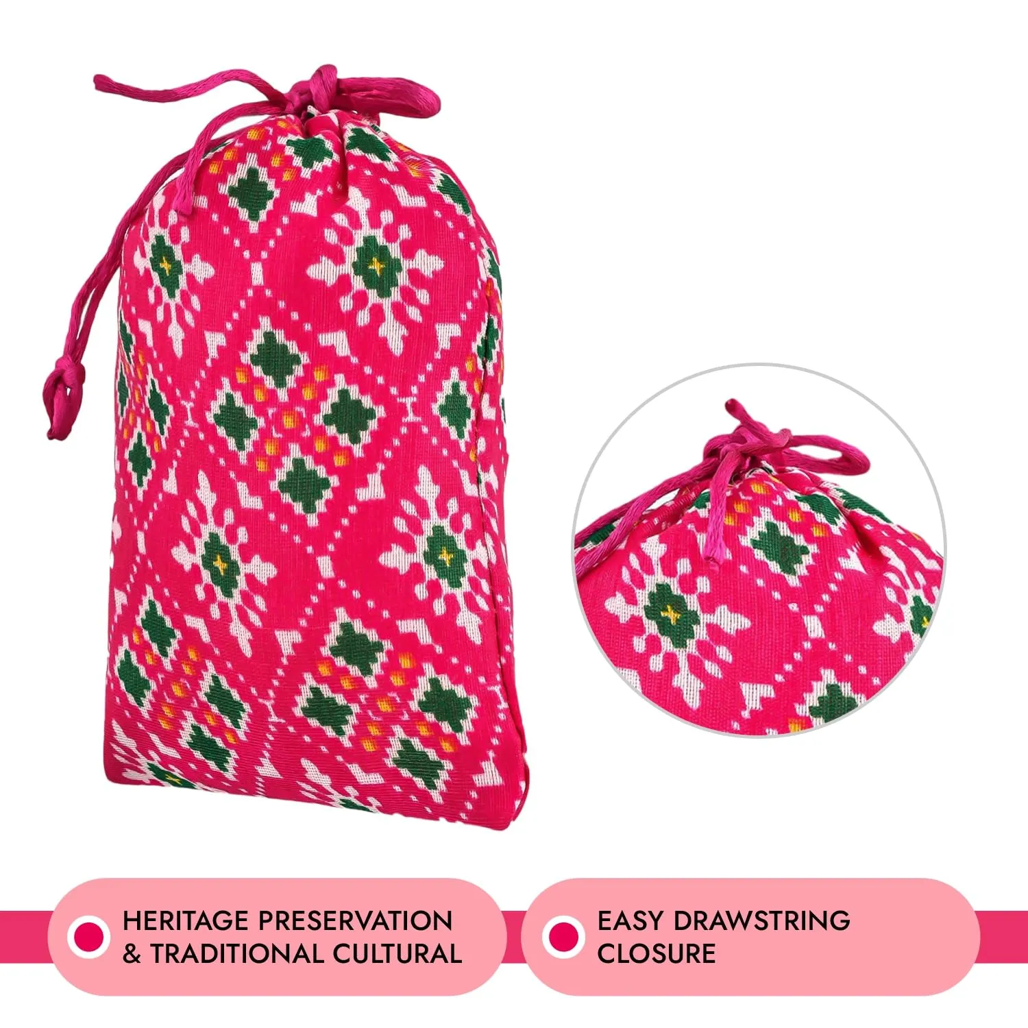 Heart Home Potli | Silk Wedding Potli | Drawstring Closure Potli | Wallet Potli | Christmas Gift Potli | Baby Shower Potli | Small-Patola-Print Potli | 5x7 Inch | Pack of 4 | Rani