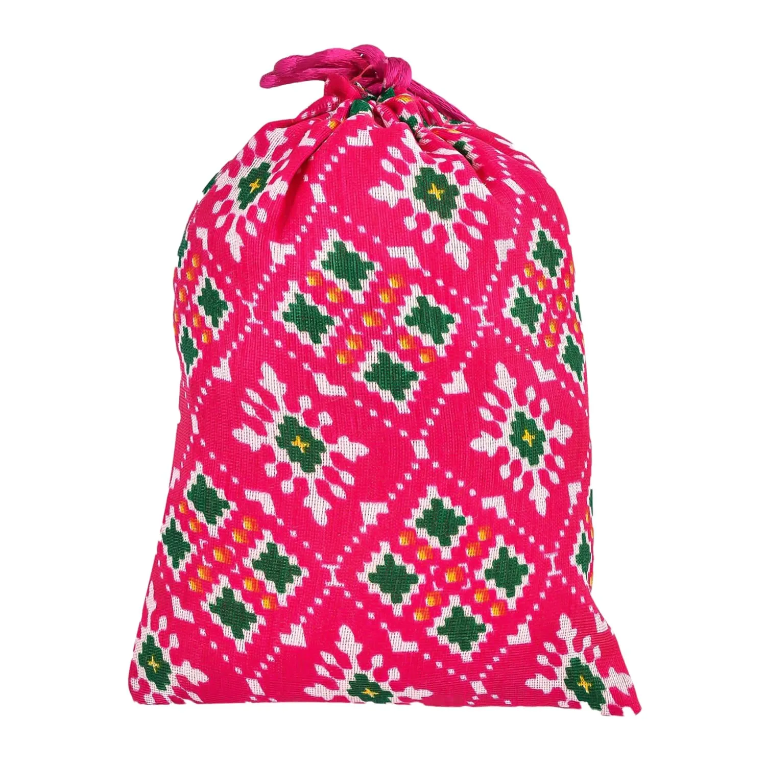 Heart Home Potli | Silk Wedding Potli | Drawstring Closure Potli | Wallet Potli | Christmas Gift Potli | Baby Shower Potli | Small-Patola-Print Potli | 5x7 Inch | Pack of 4 | Rani