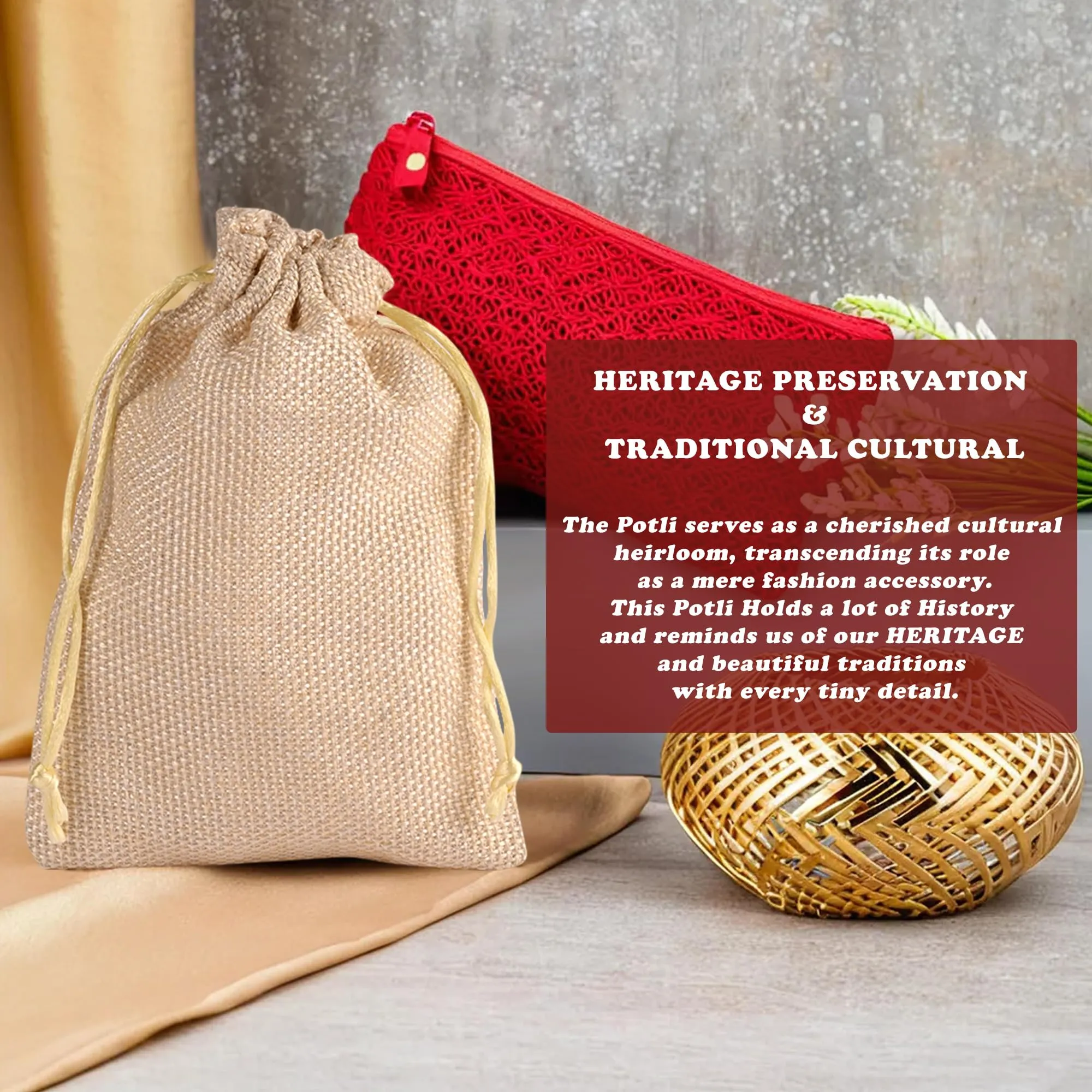 Heart Home Potli | Wedding Potli | Drawstring Closure Potli | Wallet Potli | Christmas Gift Potli | Baby Shower Potli | Traditional Shagun Potli | 5x7 Inch | Small | Pack of 4 | Golden