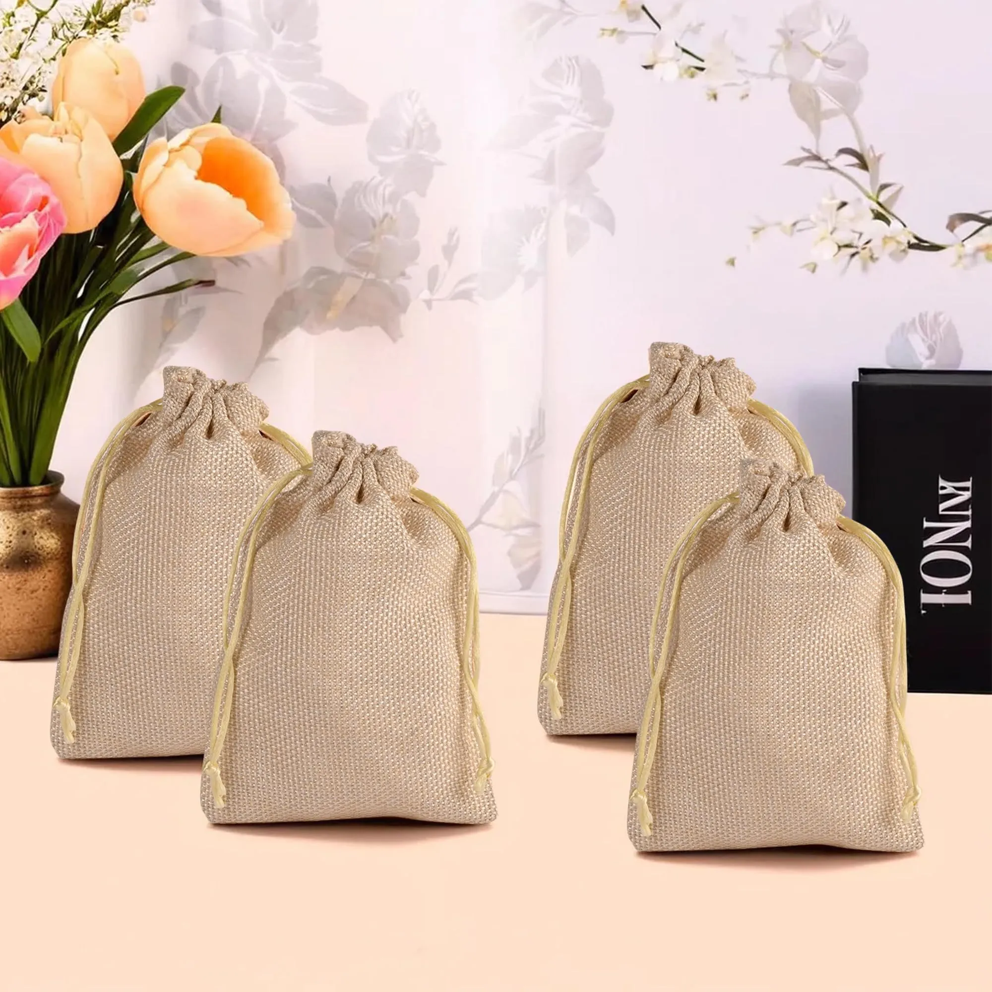 Heart Home Potli | Wedding Potli | Drawstring Closure Potli | Wallet Potli | Christmas Gift Potli | Baby Shower Potli | Traditional Shagun Potli | 5x7 Inch | Small | Pack of 4 | Golden