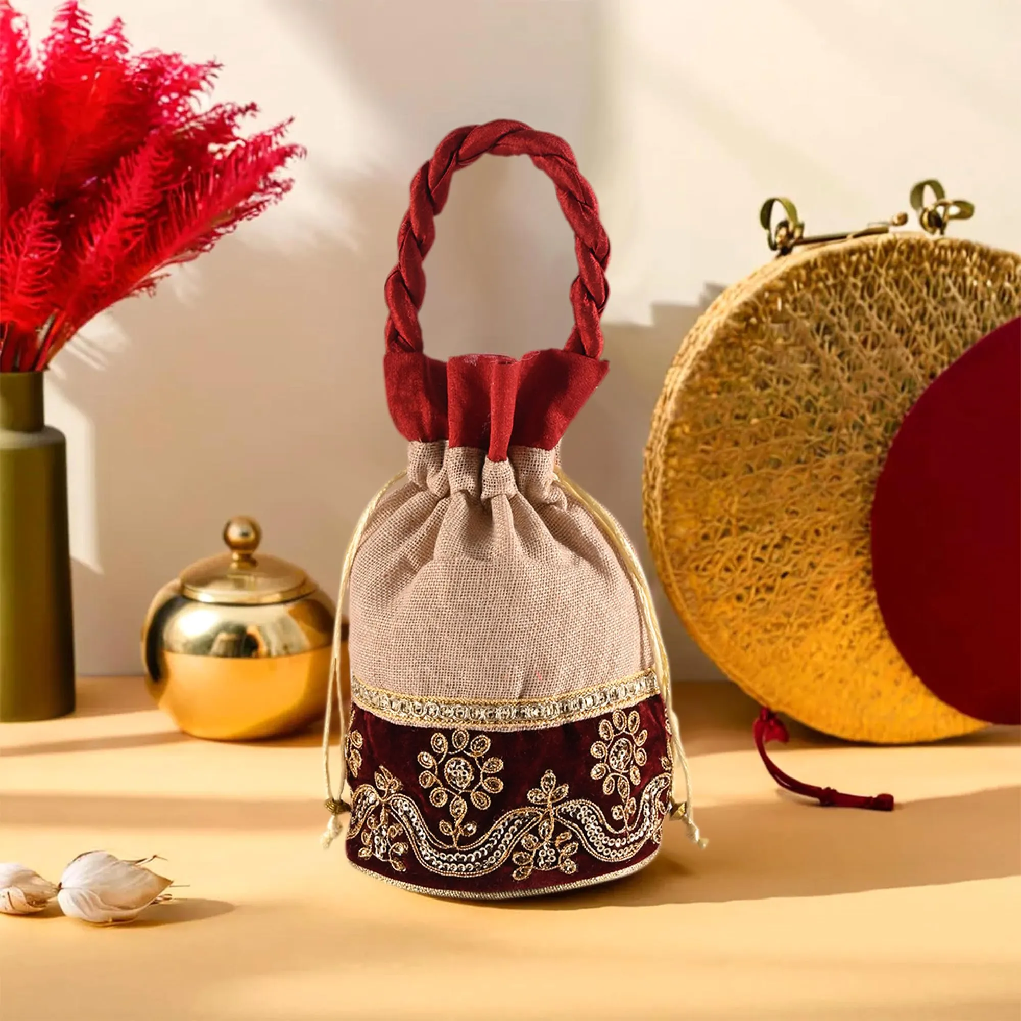 Heart Home Potli | Wedding Potli | Drawstring Potli with Handle | Wallet Potli | Christmas Gift Potli | Baby Shower Potli | Traditional Shagun Potli | Pack of 2 | Cream & Maroon