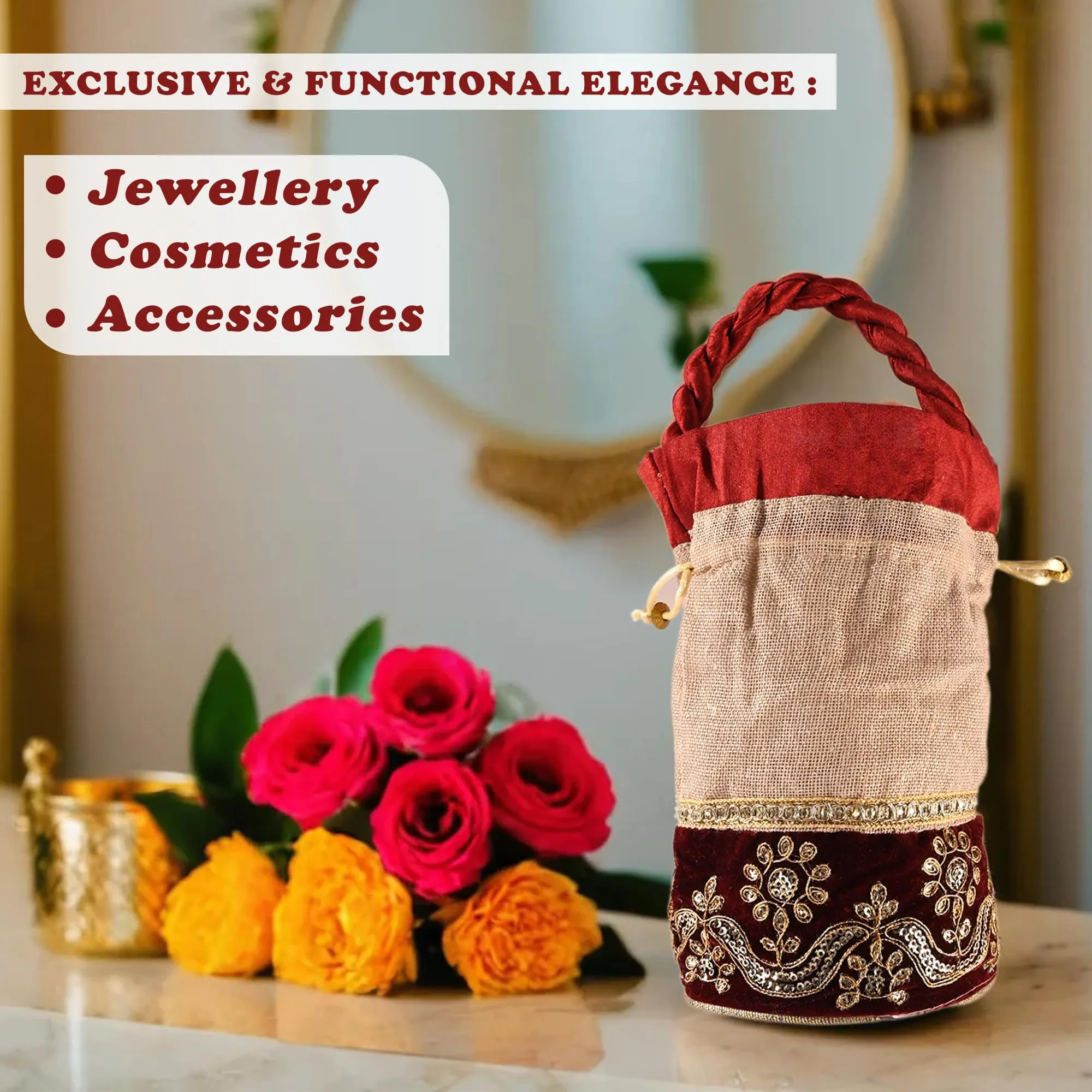 Heart Home Potli | Wedding Potli | Drawstring Potli with Handle | Wallet Potli | Christmas Gift Potli | Baby Shower Potli | Traditional Shagun Potli | Pack of 2 | Cream & Maroon