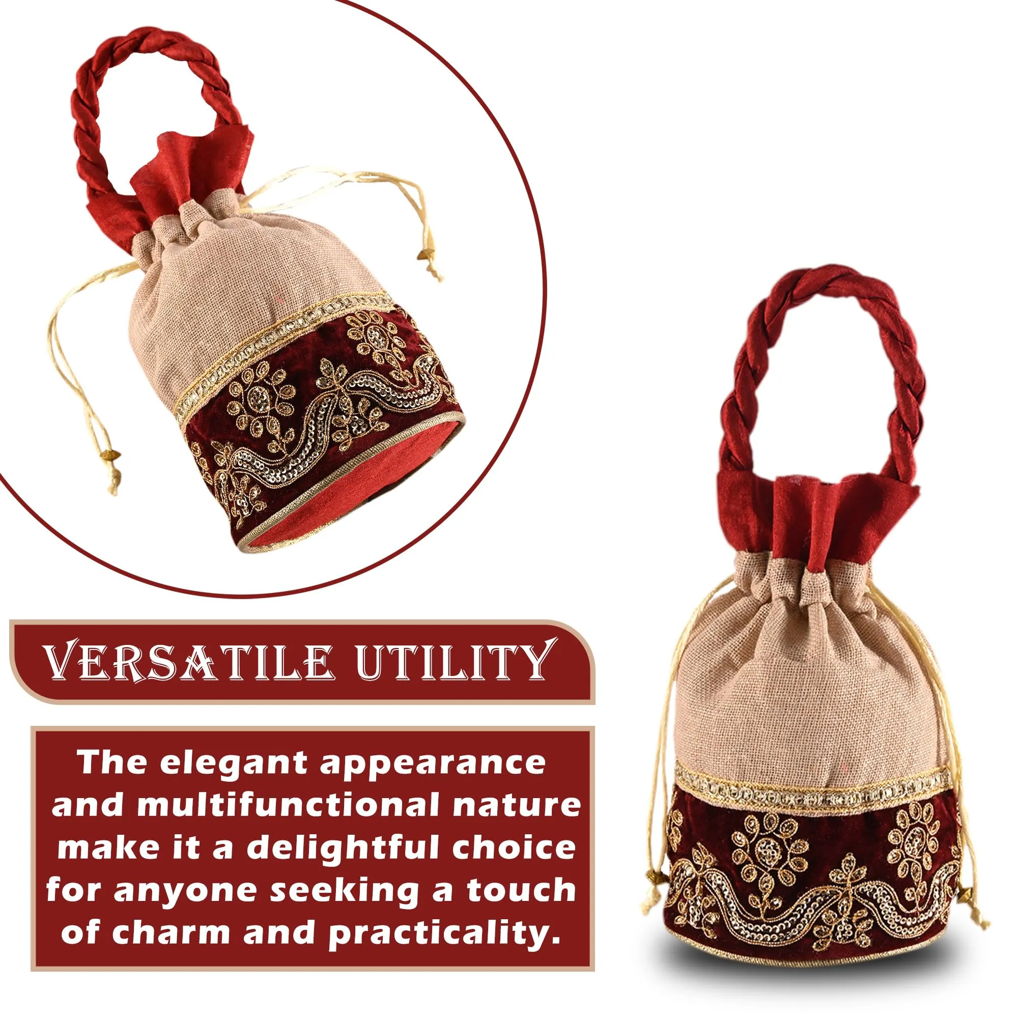 Heart Home Potli | Wedding Potli | Drawstring Potli with Handle | Wallet Potli | Christmas Gift Potli | Baby Shower Potli | Traditional Shagun Potli | Pack of 2 | Cream & Maroon