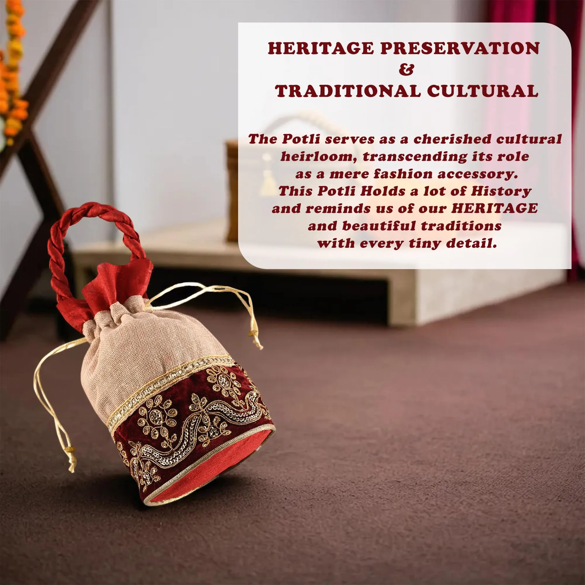 Heart Home Potli | Wedding Potli | Drawstring Potli with Handle | Wallet Potli | Christmas Gift Potli | Baby Shower Potli | Traditional Shagun Potli | Pack of 2 | Cream & Maroon