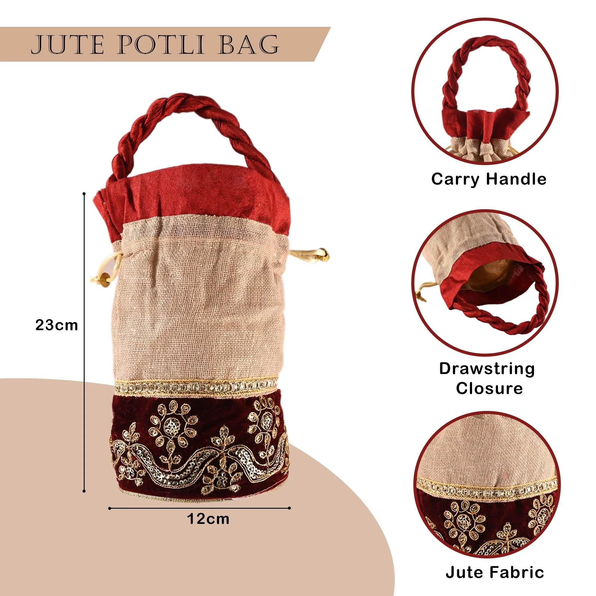 Heart Home Potli | Wedding Potli | Drawstring Potli with Handle | Wallet Potli | Christmas Gift Potli | Baby Shower Potli | Traditional Shagun Potli | Pack of 2 | Cream & Maroon
