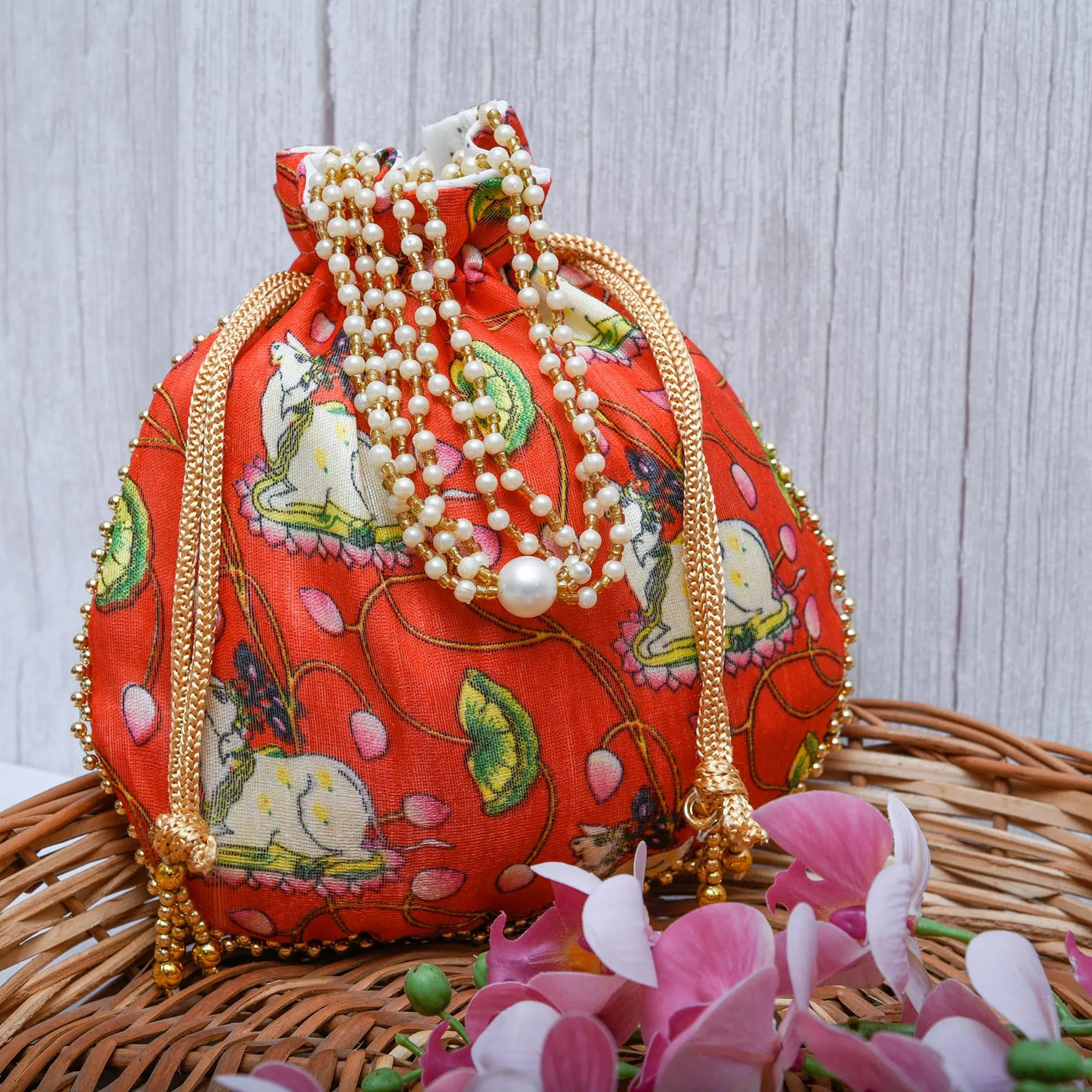 Heart Home Potli|Silk Wedding Potli|Wallet Potli|Christmas Gift Potli|Baby Shower Potli|Traditional Shagun Potli|Drawstring with Beads Handle Potli|Cow-Design Patli Potli|Pack of 3|Multi