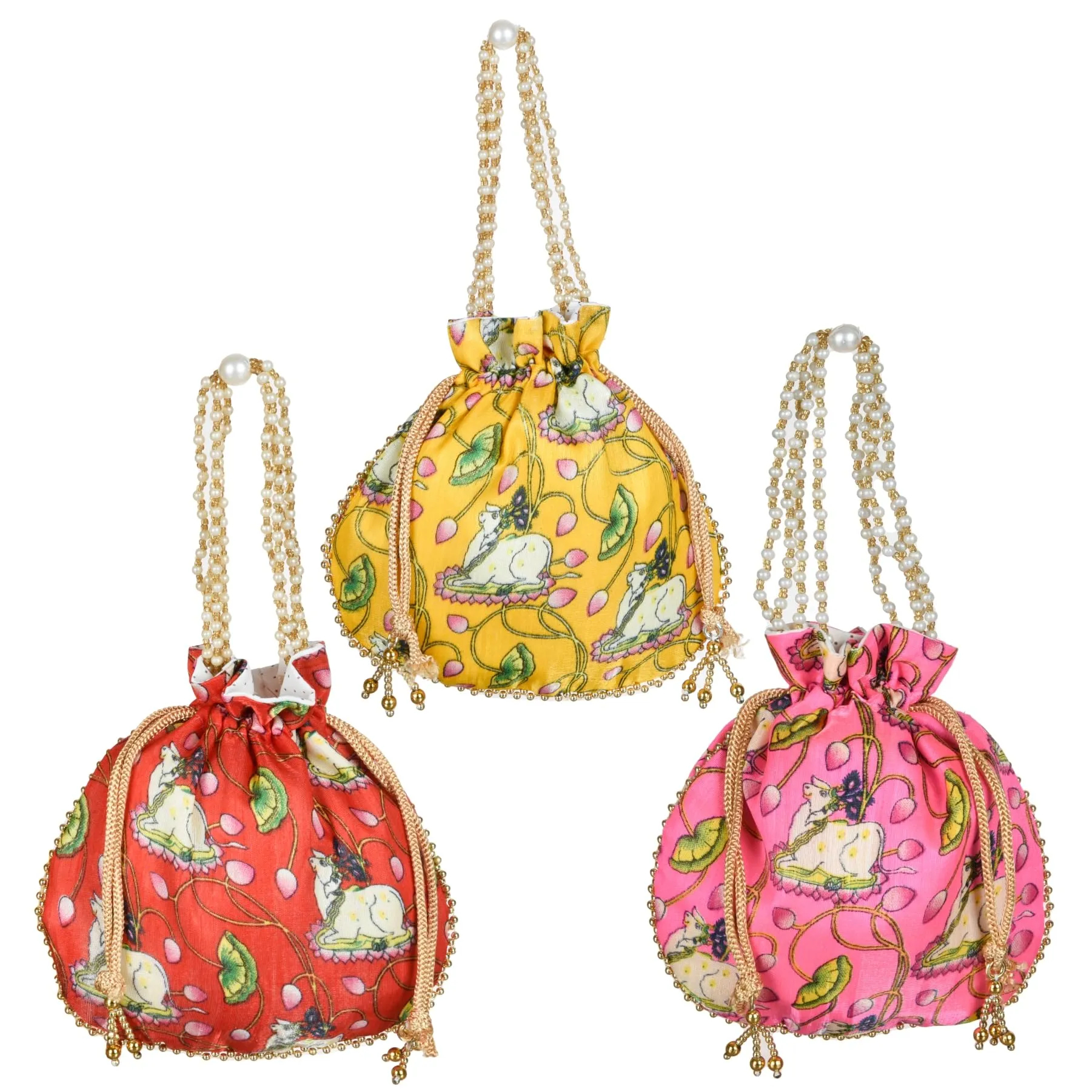Heart Home Potli|Silk Wedding Potli|Wallet Potli|Christmas Gift Potli|Baby Shower Potli|Traditional Shagun Potli|Drawstring with Beads Handle Potli|Cow-Design Patli Potli|Pack of 3|Multi