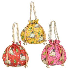 Heart Home Potli|Silk Wedding Potli|Wallet Potli|Christmas Gift Potli|Baby Shower Potli|Traditional Shagun Potli|Drawstring with Beads Handle Potli|Cow-Design Patli Potli|Pack of 3|Multi