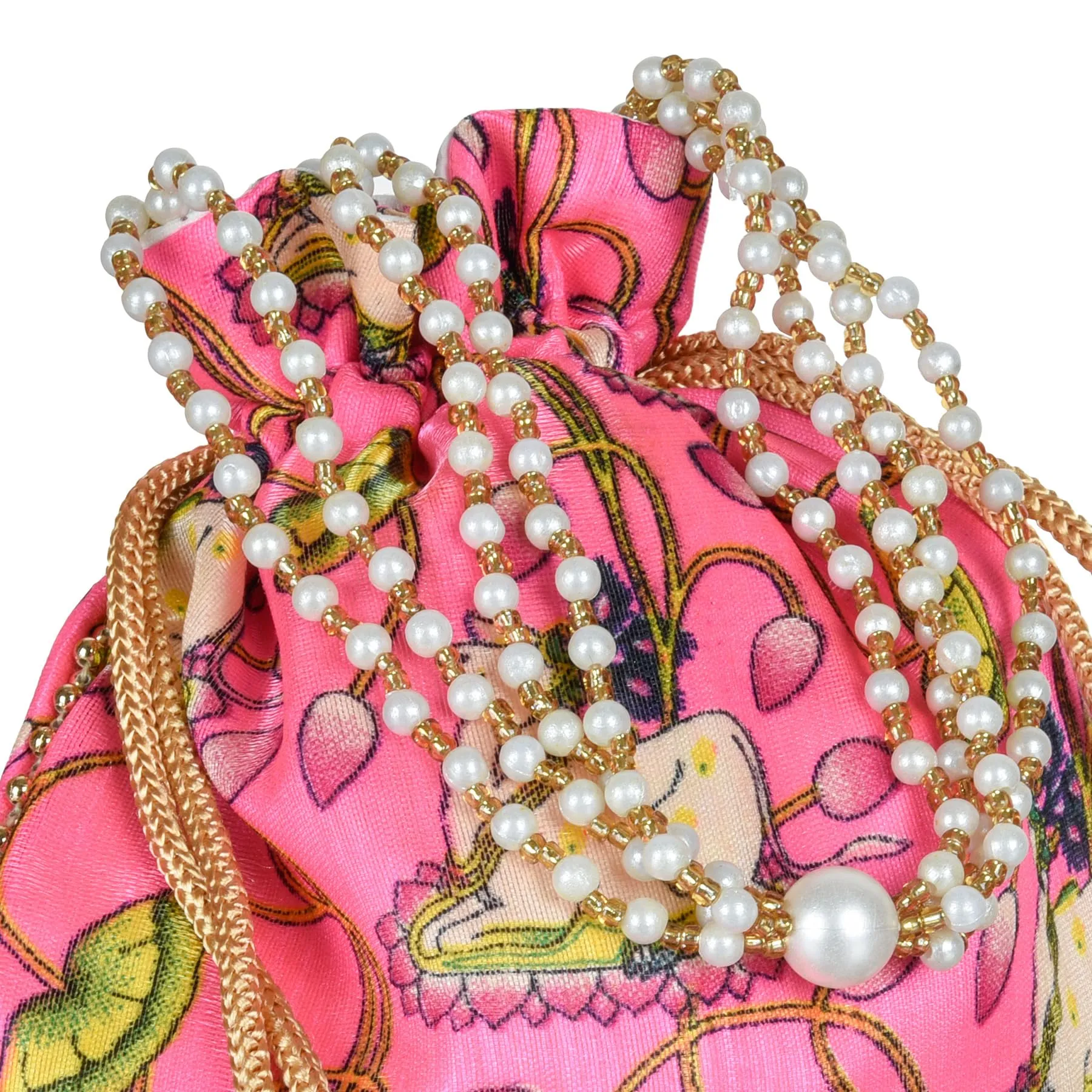 Heart Home Potli|Silk Wedding Potli|Wallet Potli|Christmas Gift Potli|Baby Shower Potli|Traditional Shagun Potli|Drawstring with Beads Handle Potli|Cow-Design Patli Potli|Pack of 4|Pink