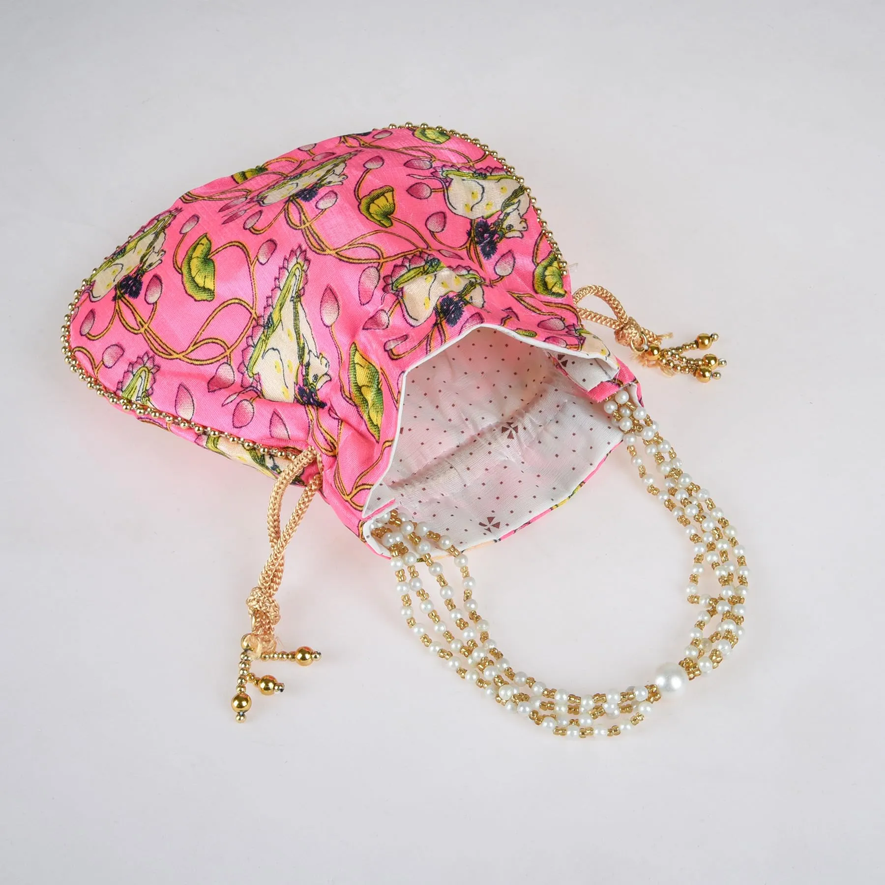 Heart Home Potli|Silk Wedding Potli|Wallet Potli|Christmas Gift Potli|Baby Shower Potli|Traditional Shagun Potli|Drawstring with Beads Handle Potli|Cow-Design Patli Potli|Pack of 4|Pink