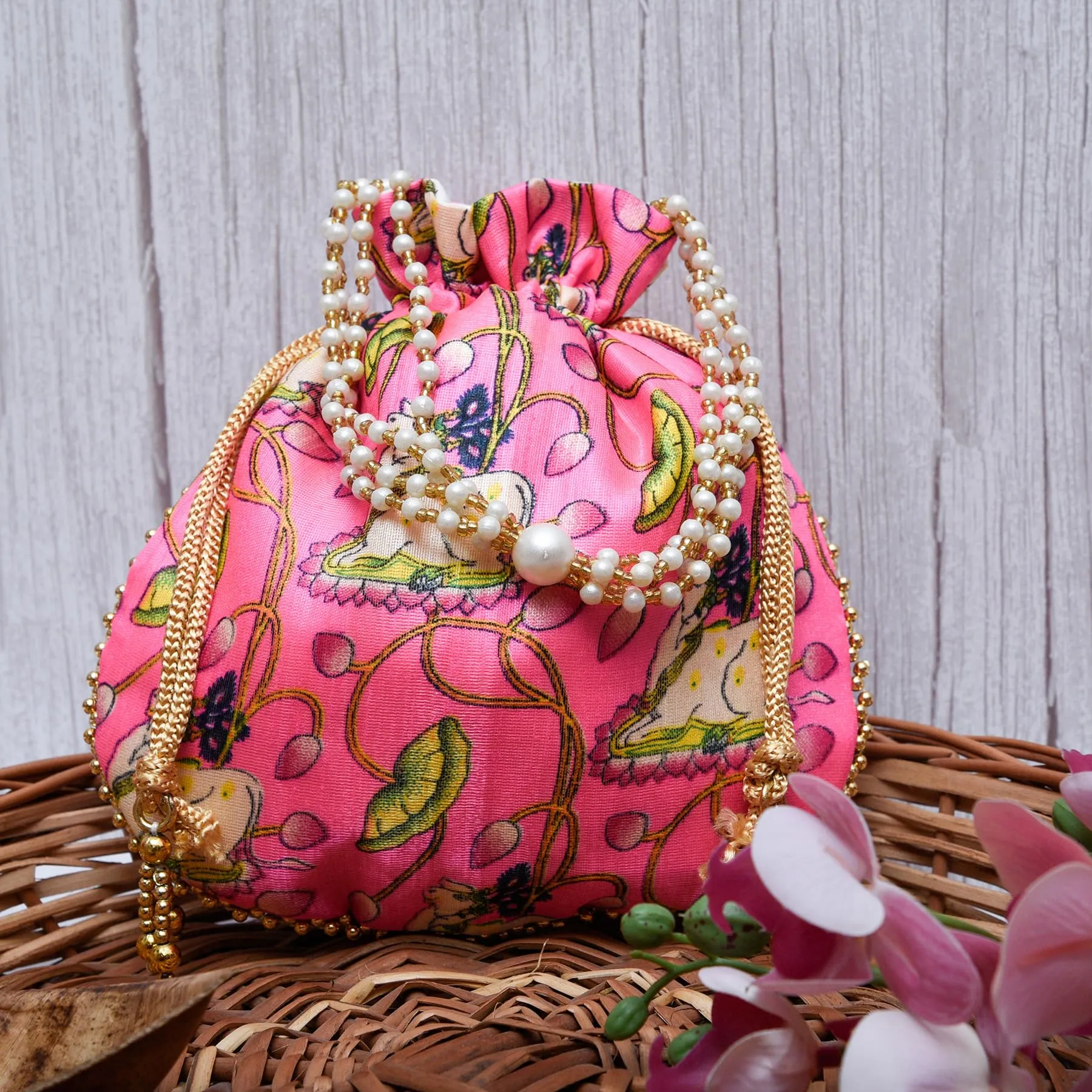 Heart Home Potli|Silk Wedding Potli|Wallet Potli|Christmas Gift Potli|Baby Shower Potli|Traditional Shagun Potli|Drawstring with Beads Handle Potli|Cow-Design Patli Potli|Pack of 4|Pink