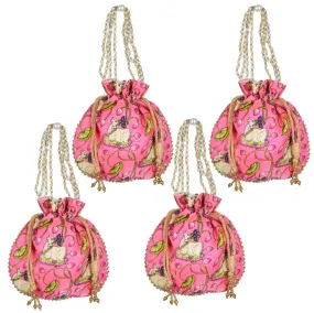 Heart Home Potli|Silk Wedding Potli|Wallet Potli|Christmas Gift Potli|Baby Shower Potli|Traditional Shagun Potli|Drawstring with Beads Handle Potli|Cow-Design Patli Potli|Pack of 4|Pink