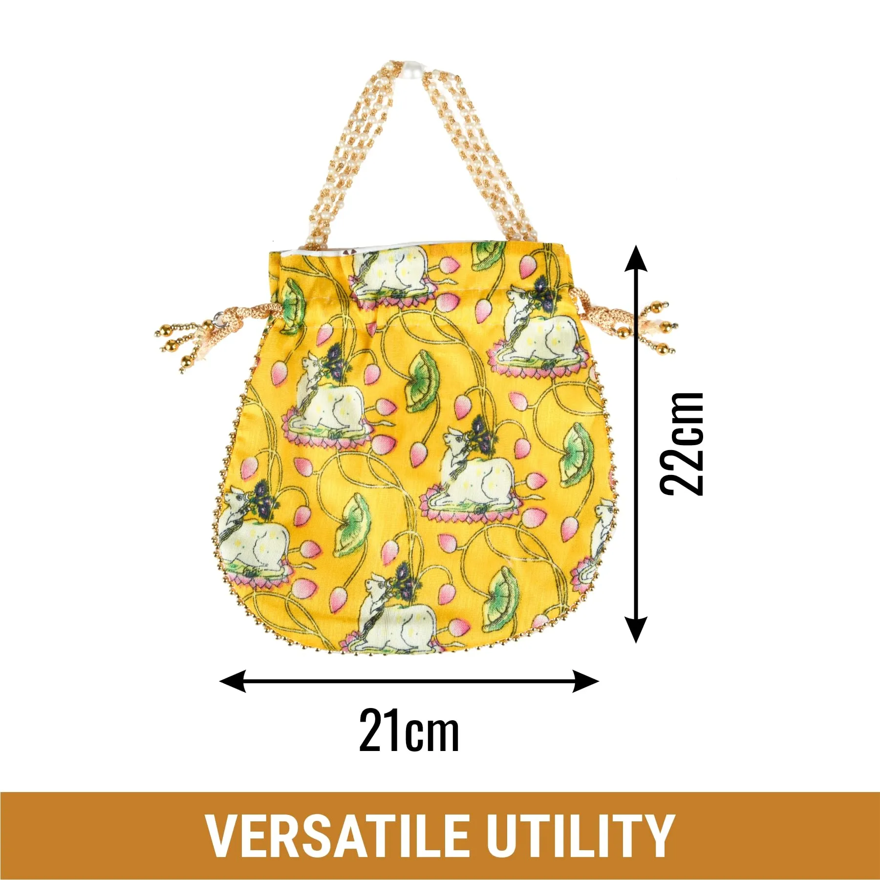 Heart Home Potli|Silk Wedding Potli|Wallet Potli|Christmas Gift Potli|Baby Shower Potli|Traditional Shagun Potli|Drawstring with Beads Handle Potli|Cow-Design Patli Potli|Pack of 4|Yellow