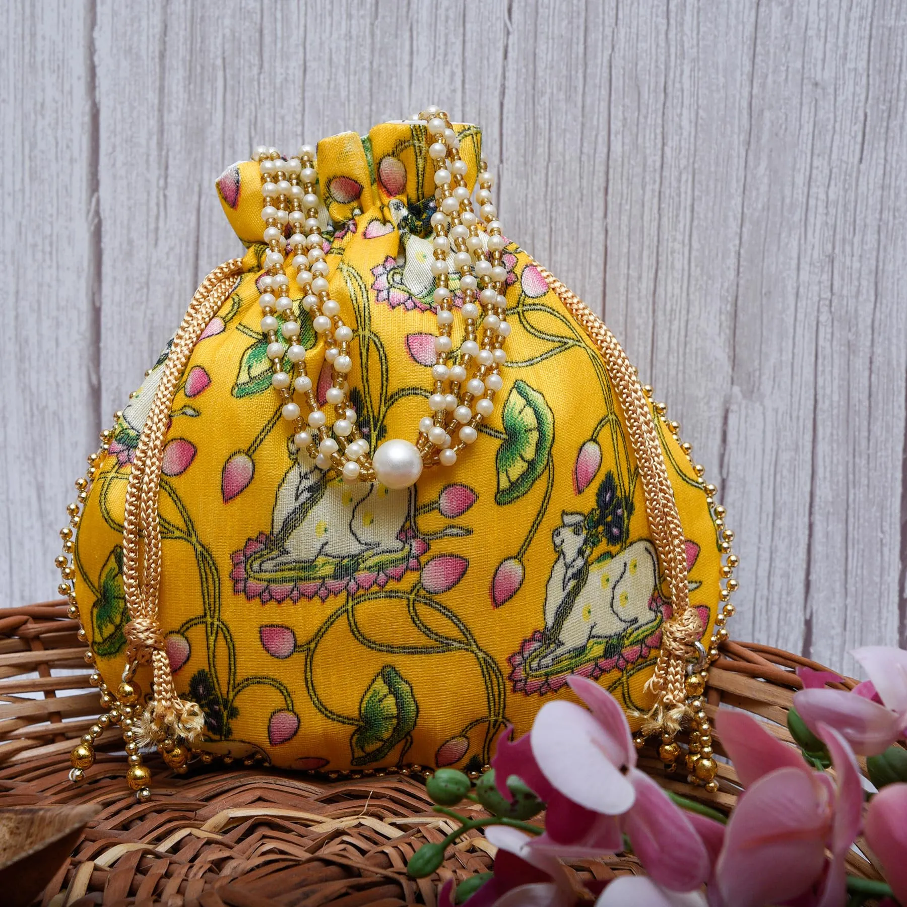 Heart Home Potli|Silk Wedding Potli|Wallet Potli|Christmas Gift Potli|Baby Shower Potli|Traditional Shagun Potli|Drawstring with Beads Handle Potli|Cow-Design Patli Potli|Pack of 4|Yellow