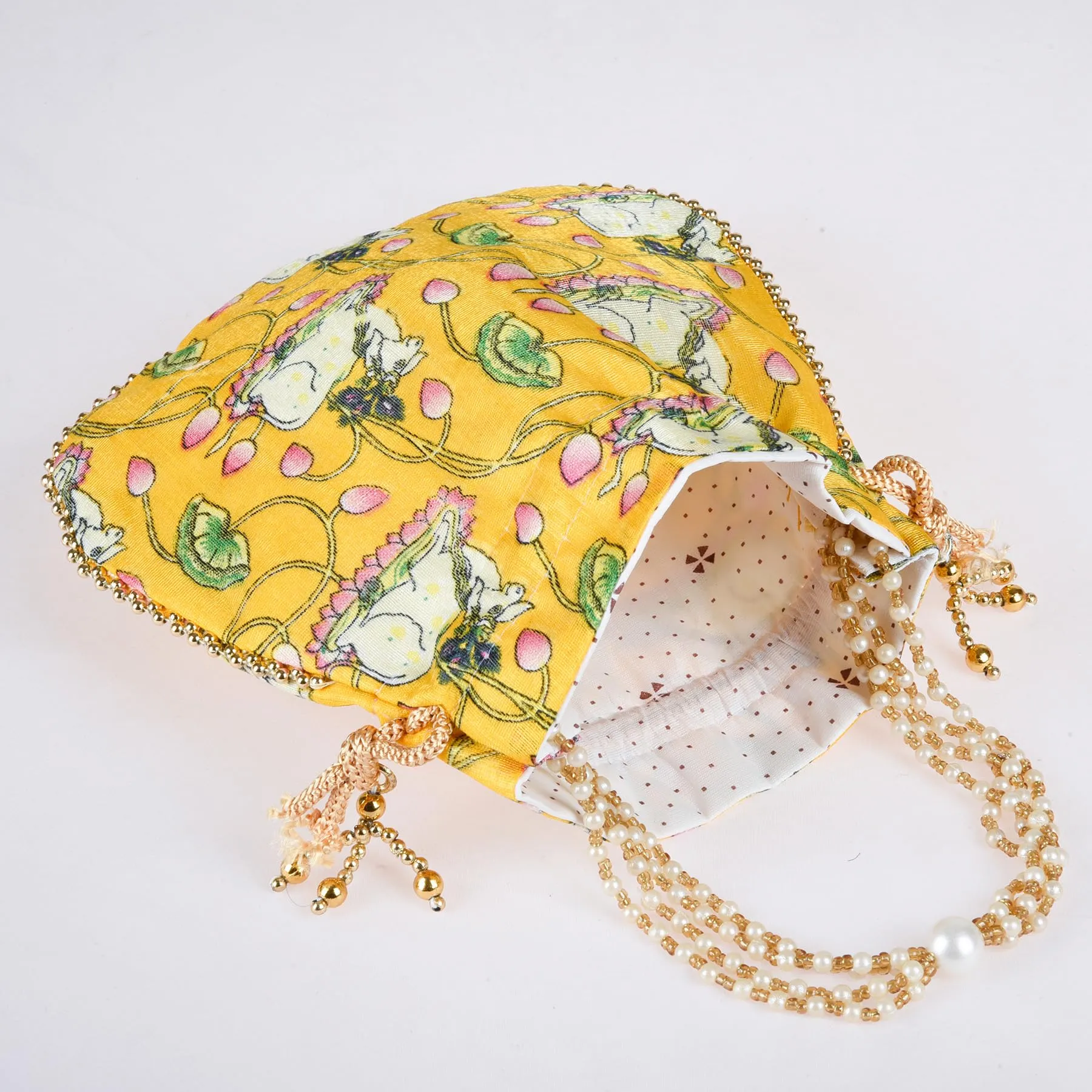 Heart Home Potli|Silk Wedding Potli|Wallet Potli|Christmas Gift Potli|Baby Shower Potli|Traditional Shagun Potli|Drawstring with Beads Handle Potli|Cow-Design Patli Potli|Pack of 4|Yellow