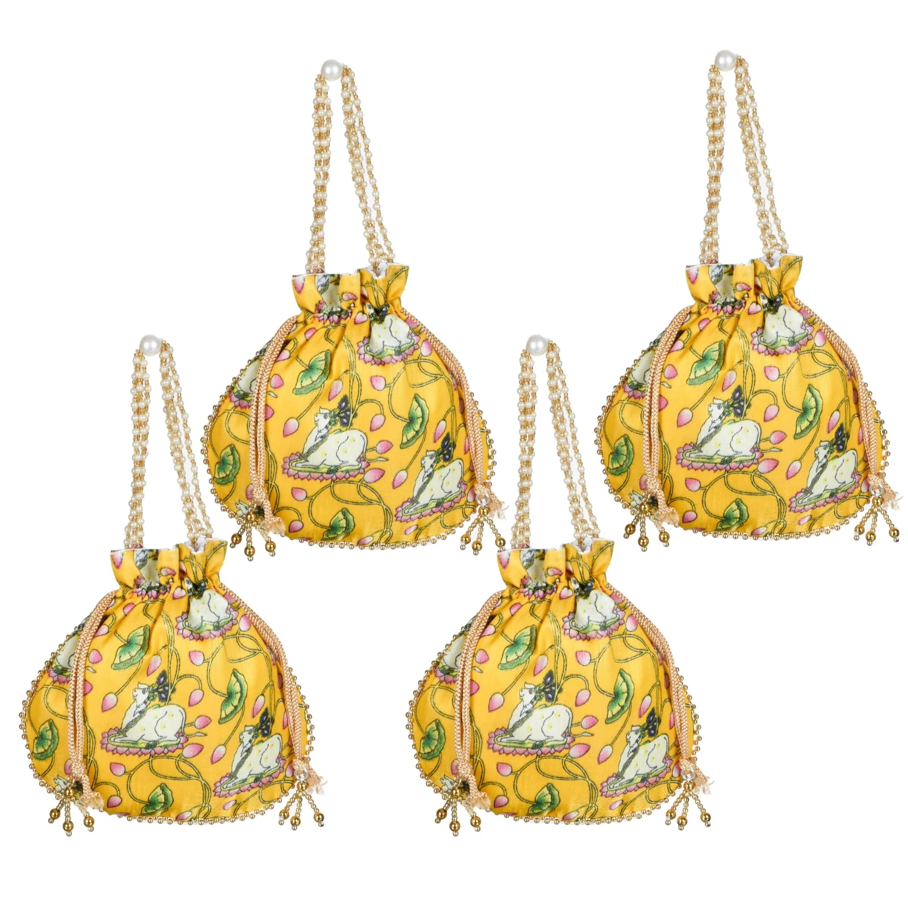 Heart Home Potli|Silk Wedding Potli|Wallet Potli|Christmas Gift Potli|Baby Shower Potli|Traditional Shagun Potli|Drawstring with Beads Handle Potli|Cow-Design Patli Potli|Pack of 4|Yellow