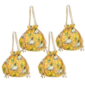 Heart Home Potli|Silk Wedding Potli|Wallet Potli|Christmas Gift Potli|Baby Shower Potli|Traditional Shagun Potli|Drawstring with Beads Handle Potli|Cow-Design Patli Potli|Pack of 4|Yellow