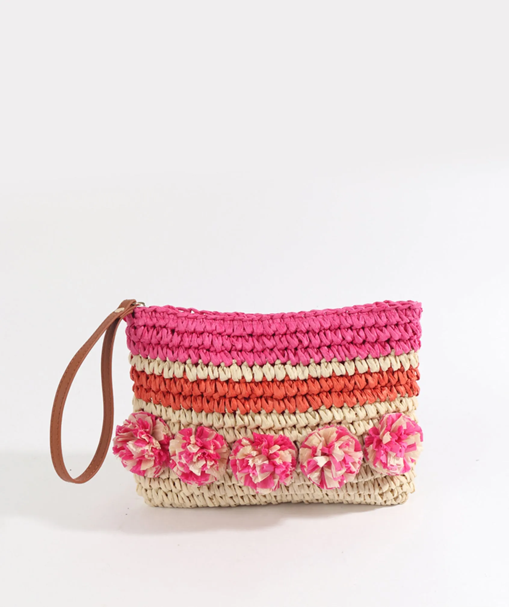 Hot Pink Striped Clutch Bag with Pom Pom Detail