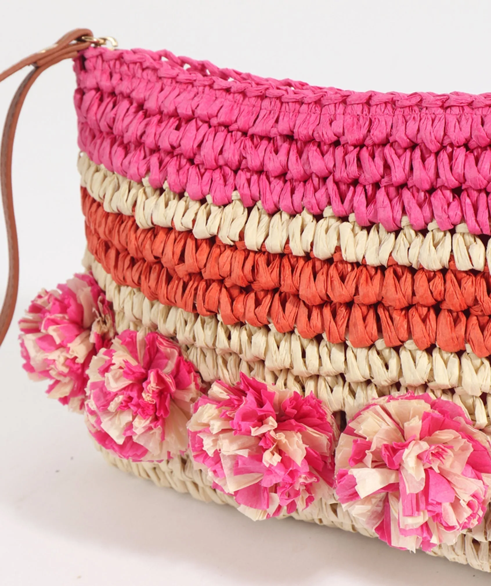 Hot Pink Striped Clutch Bag with Pom Pom Detail