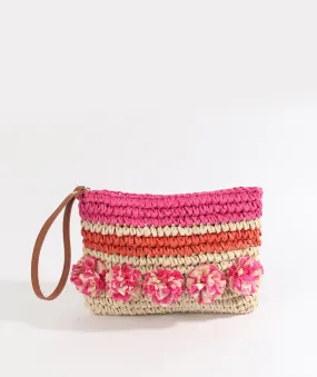 Hot Pink Striped Clutch Bag with Pom Pom Detail