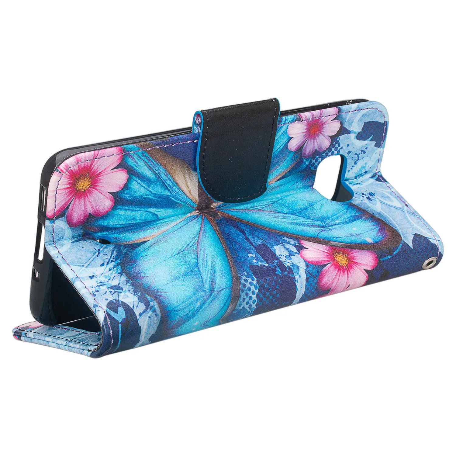 HTC U11 Case, U11 Wallet Case, Wrist Strap Pu Leather Wallet Case [Kickstand] with ID & Credit Card Slots - Blue Butterfly