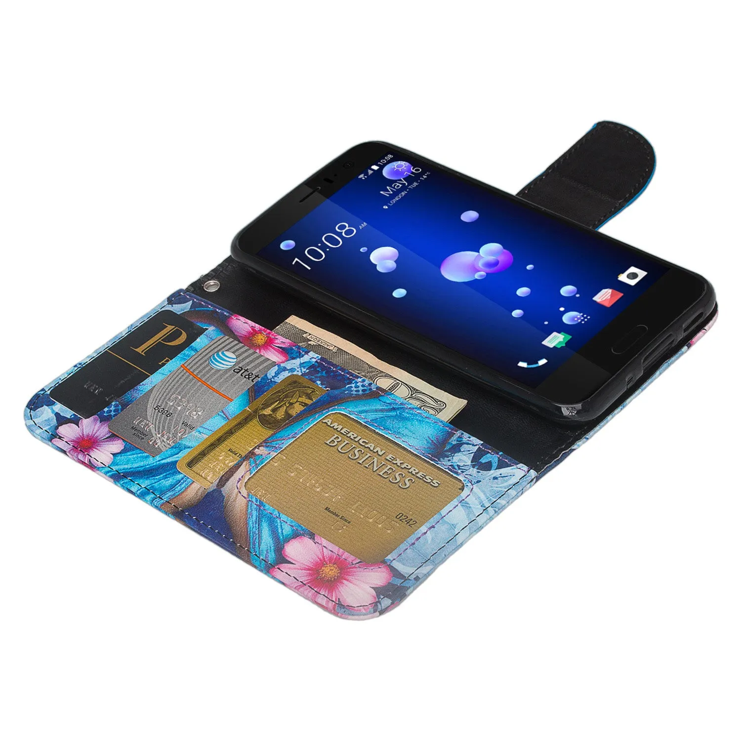 HTC U11 Case, U11 Wallet Case, Wrist Strap Pu Leather Wallet Case [Kickstand] with ID & Credit Card Slots - Blue Butterfly