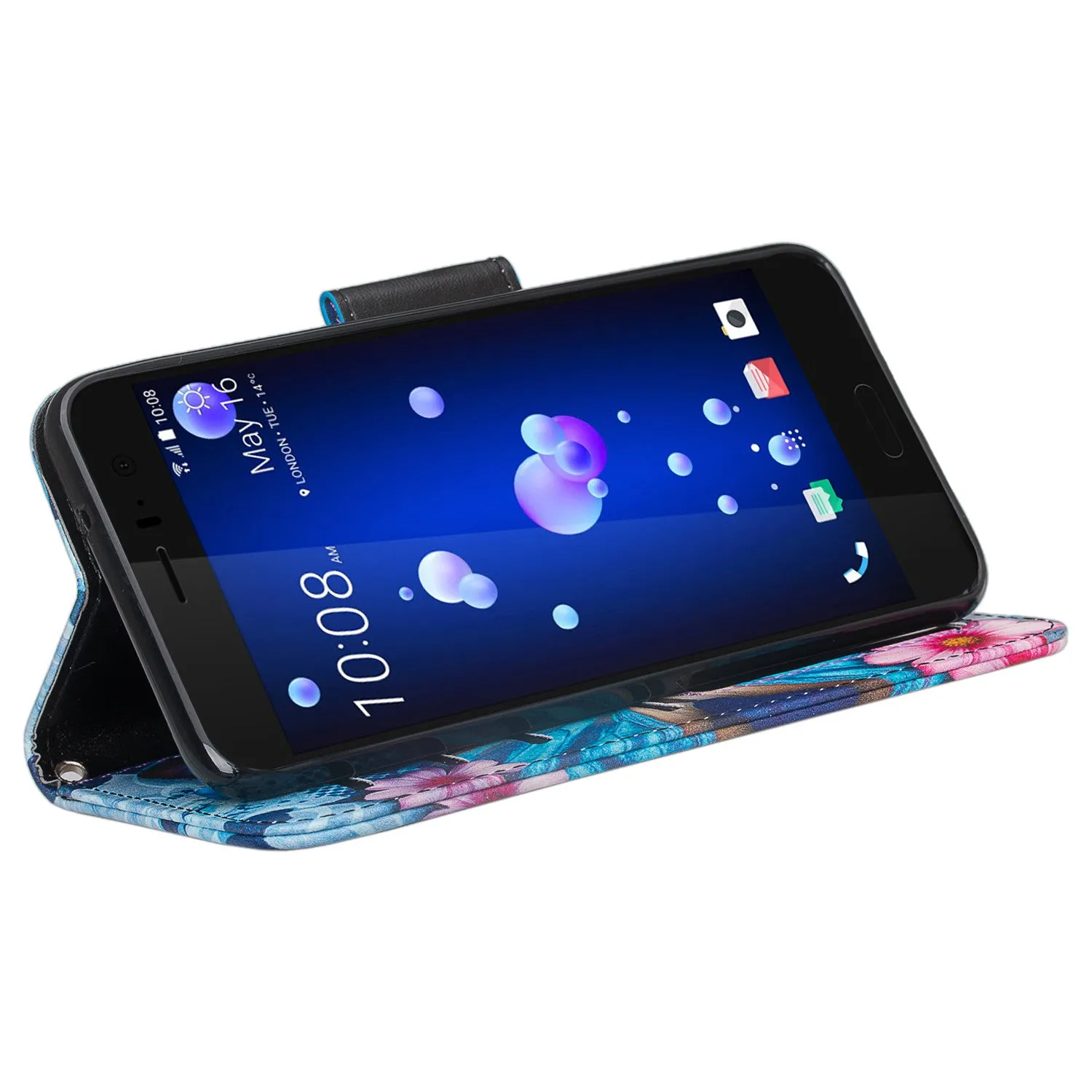 HTC U11 Case, U11 Wallet Case, Wrist Strap Pu Leather Wallet Case [Kickstand] with ID & Credit Card Slots - Blue Butterfly