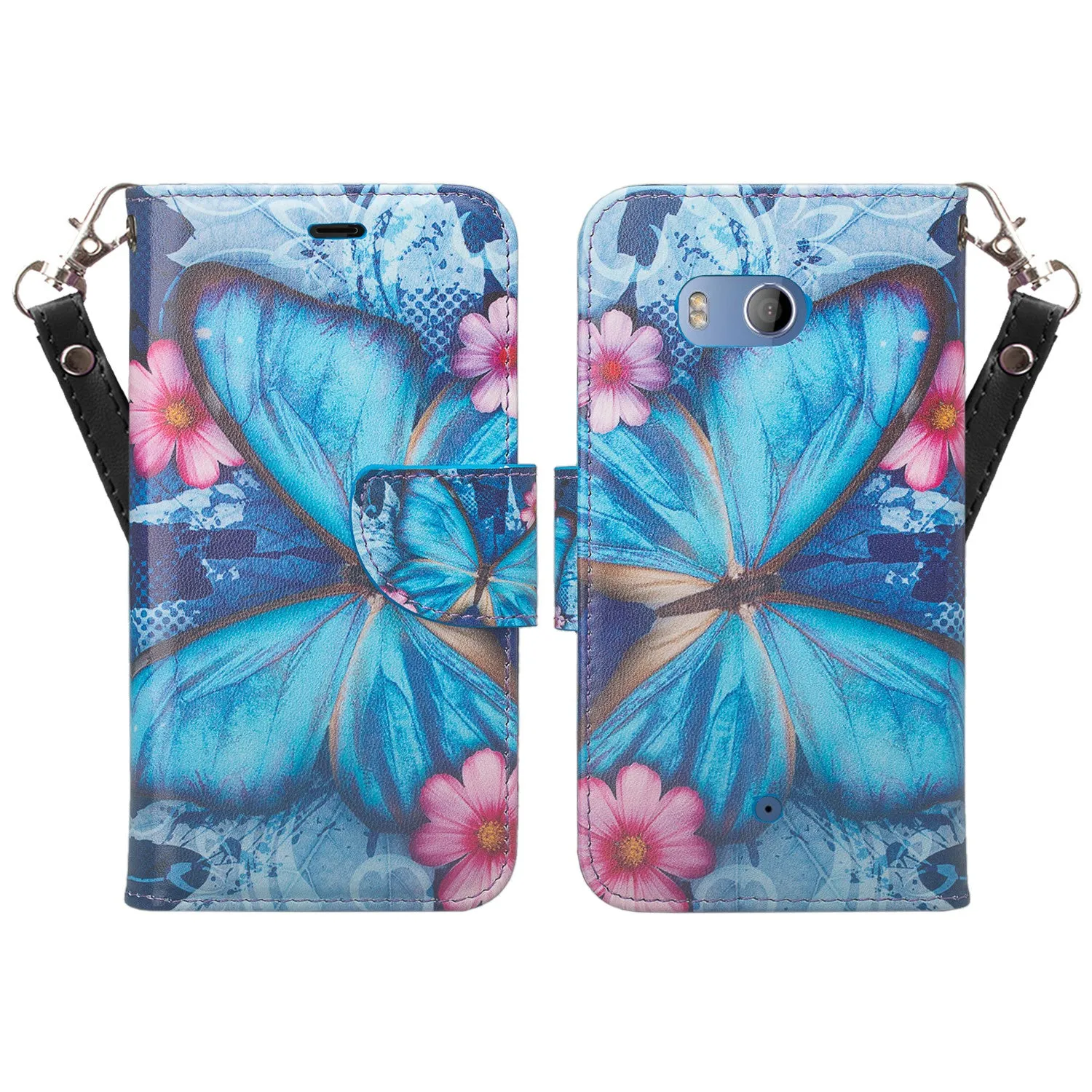 HTC U11 Case, U11 Wallet Case, Wrist Strap Pu Leather Wallet Case [Kickstand] with ID & Credit Card Slots - Blue Butterfly